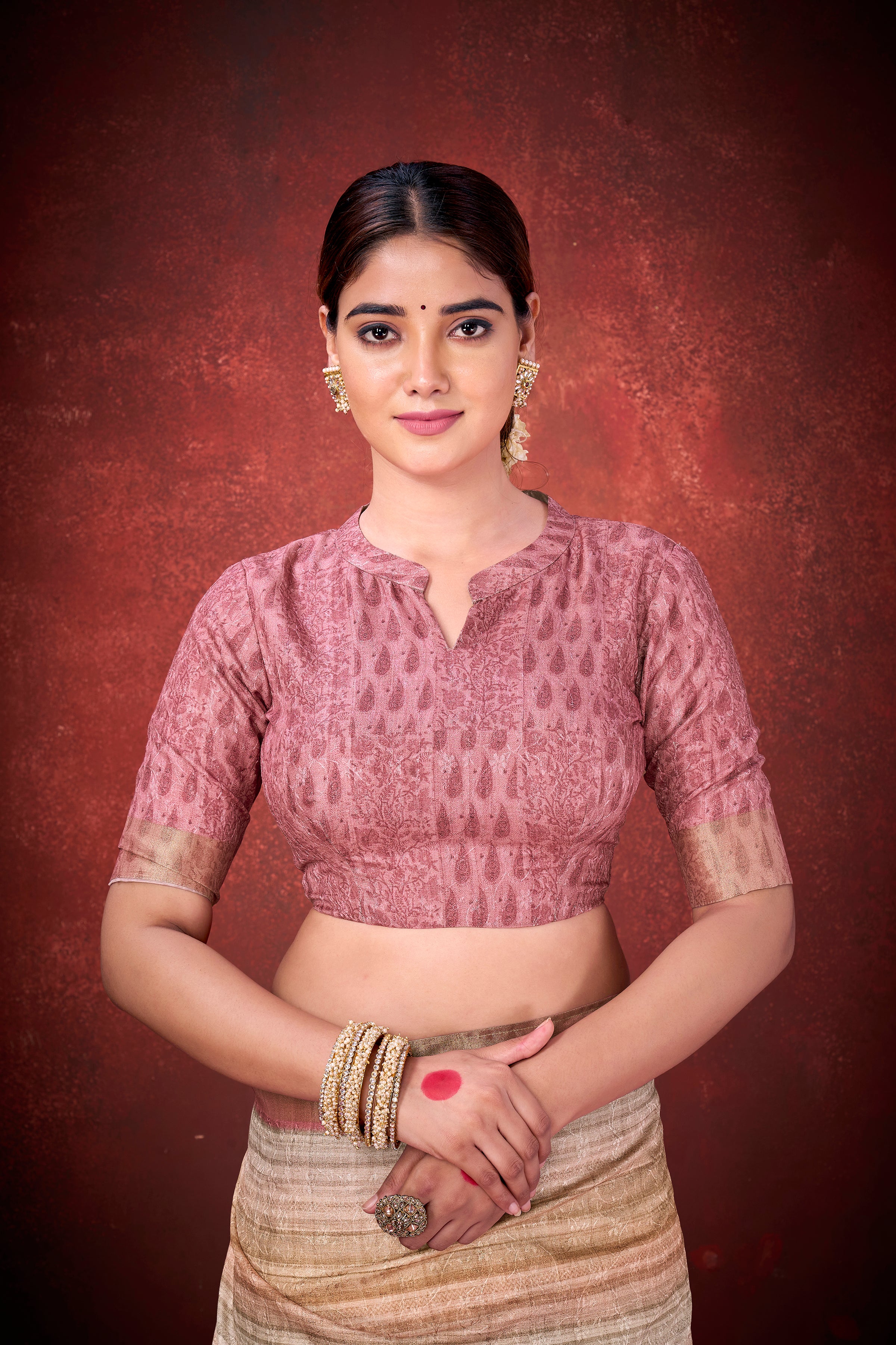 Classic Cream Mulberry Jacquard Silk Saree | Traditional Print with Unstitched Blouse