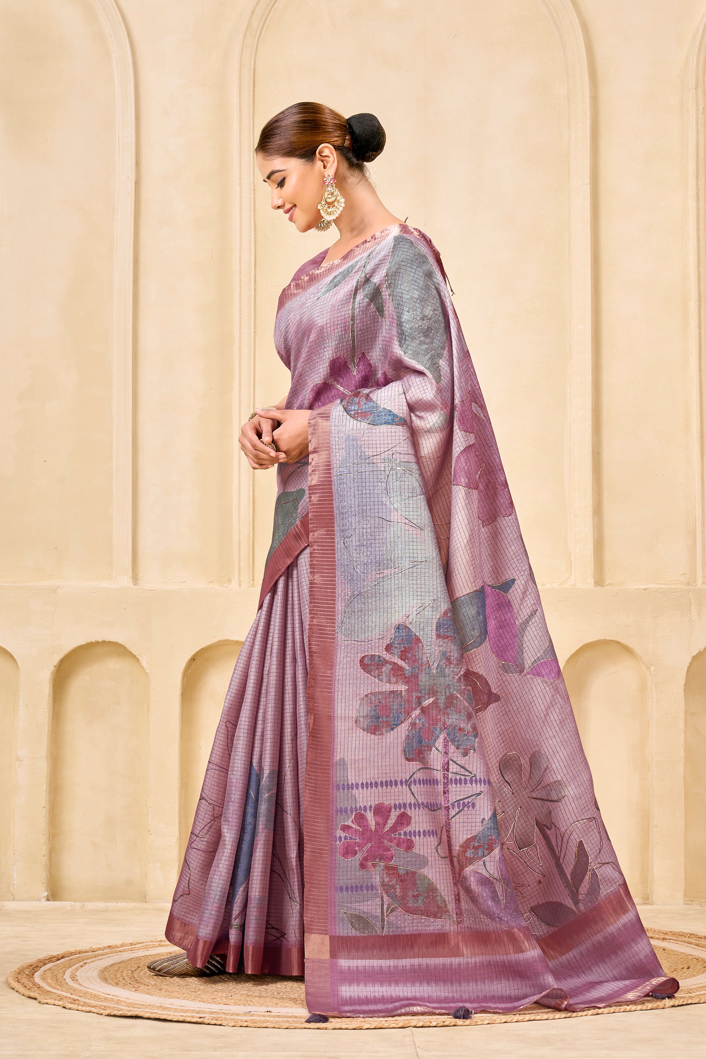 Purple Signora Zari Silk Saree | Floral Digital Print with Foil Print