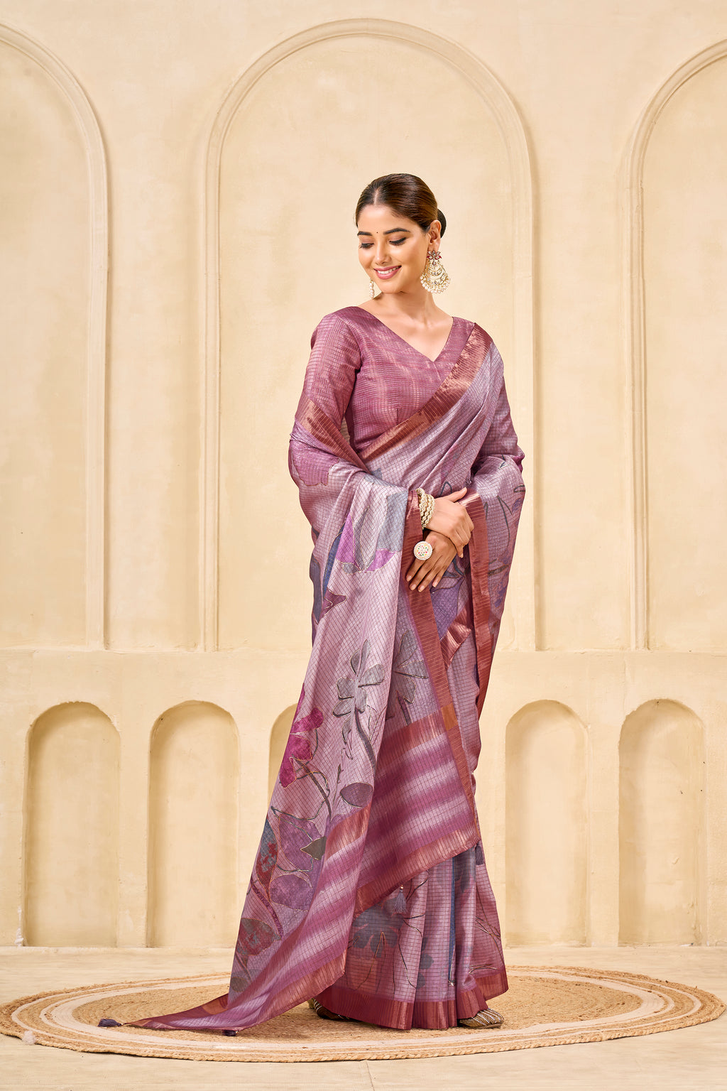 Purple Signora Zari Silk Saree | Floral Digital Print with Foil Print