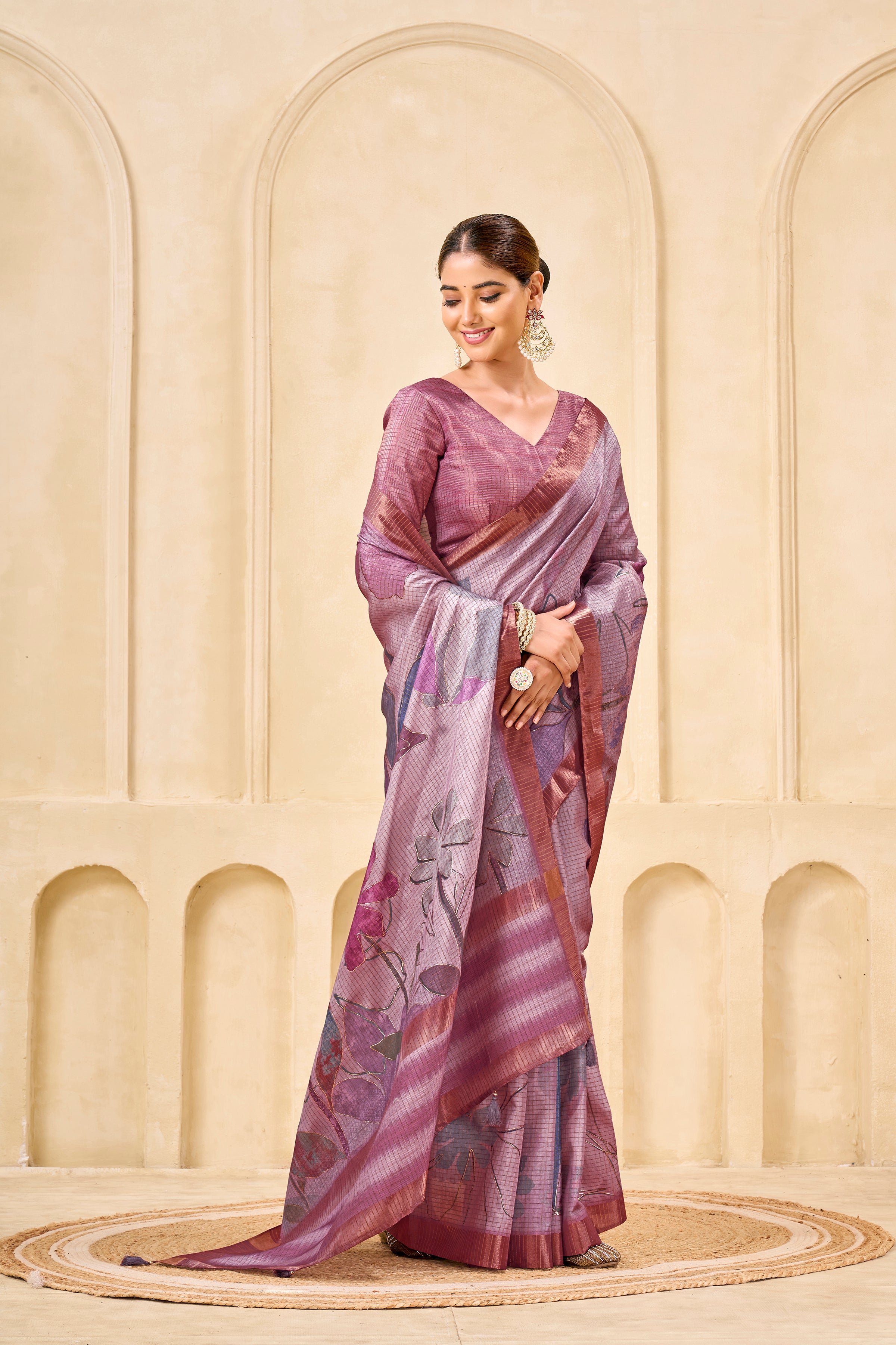 Purple Signora Zari Silk Saree | Floral Digital Print with Foil Print