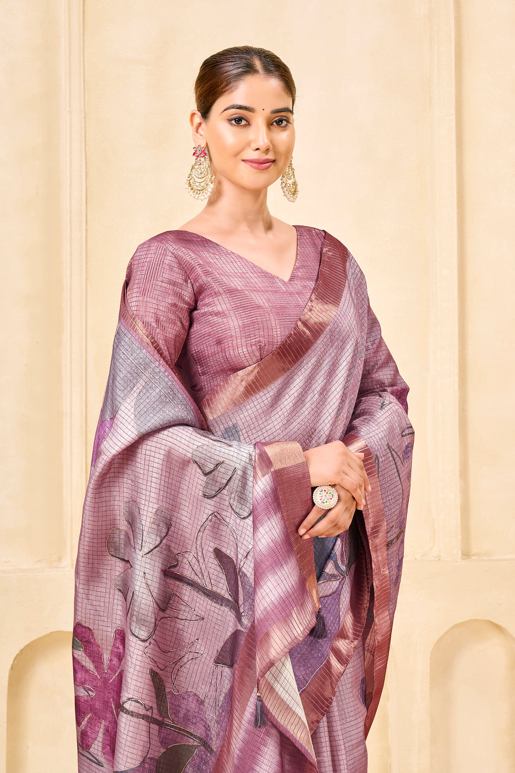 Purple Signora Zari Silk Saree | Floral Digital Print with Foil Print