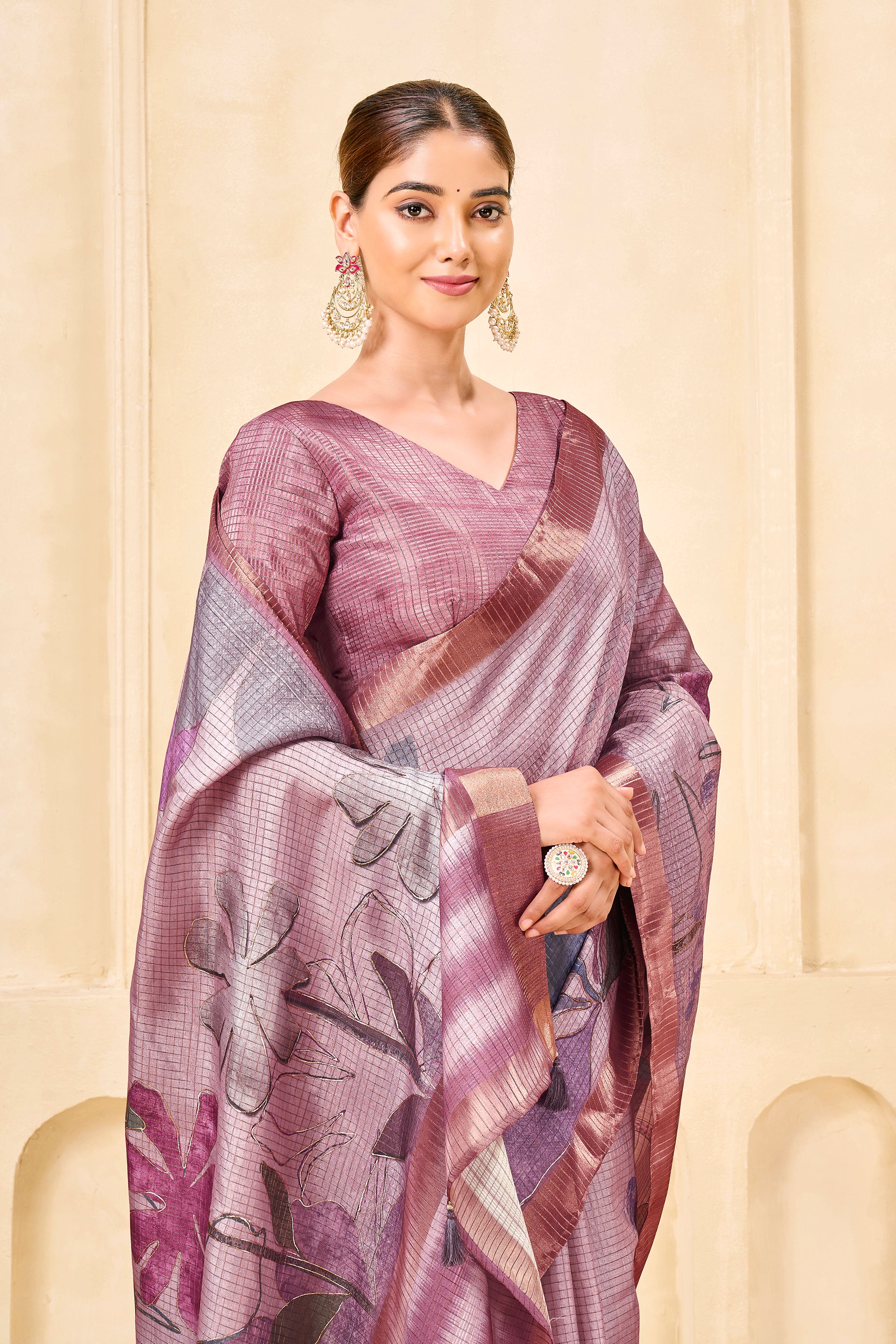 Purple Signora Zari Silk Saree | Floral Digital Print with Foil Print