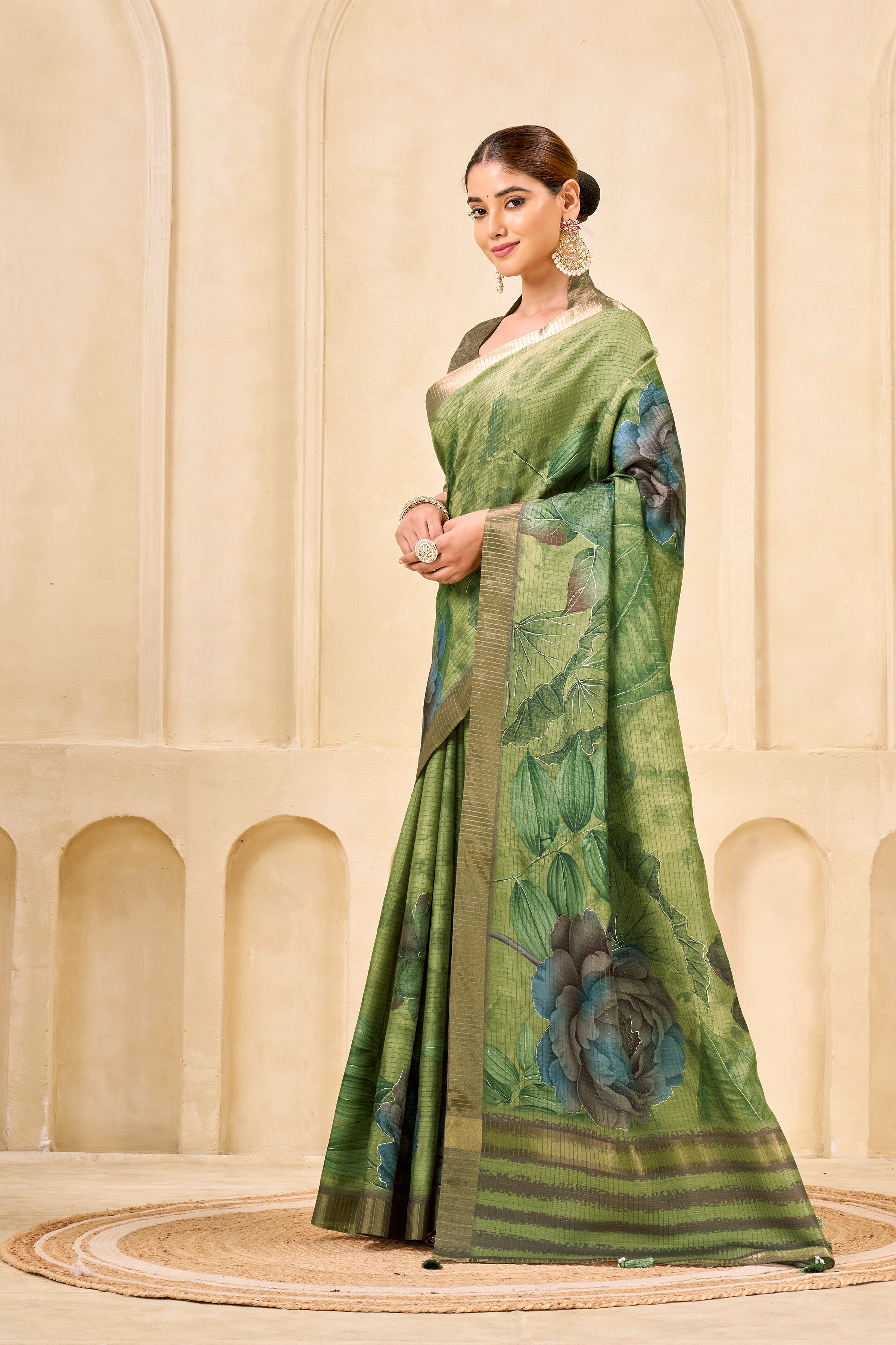 Green Signora Zari Silk Saree | Floral Digital Print with Foil Print