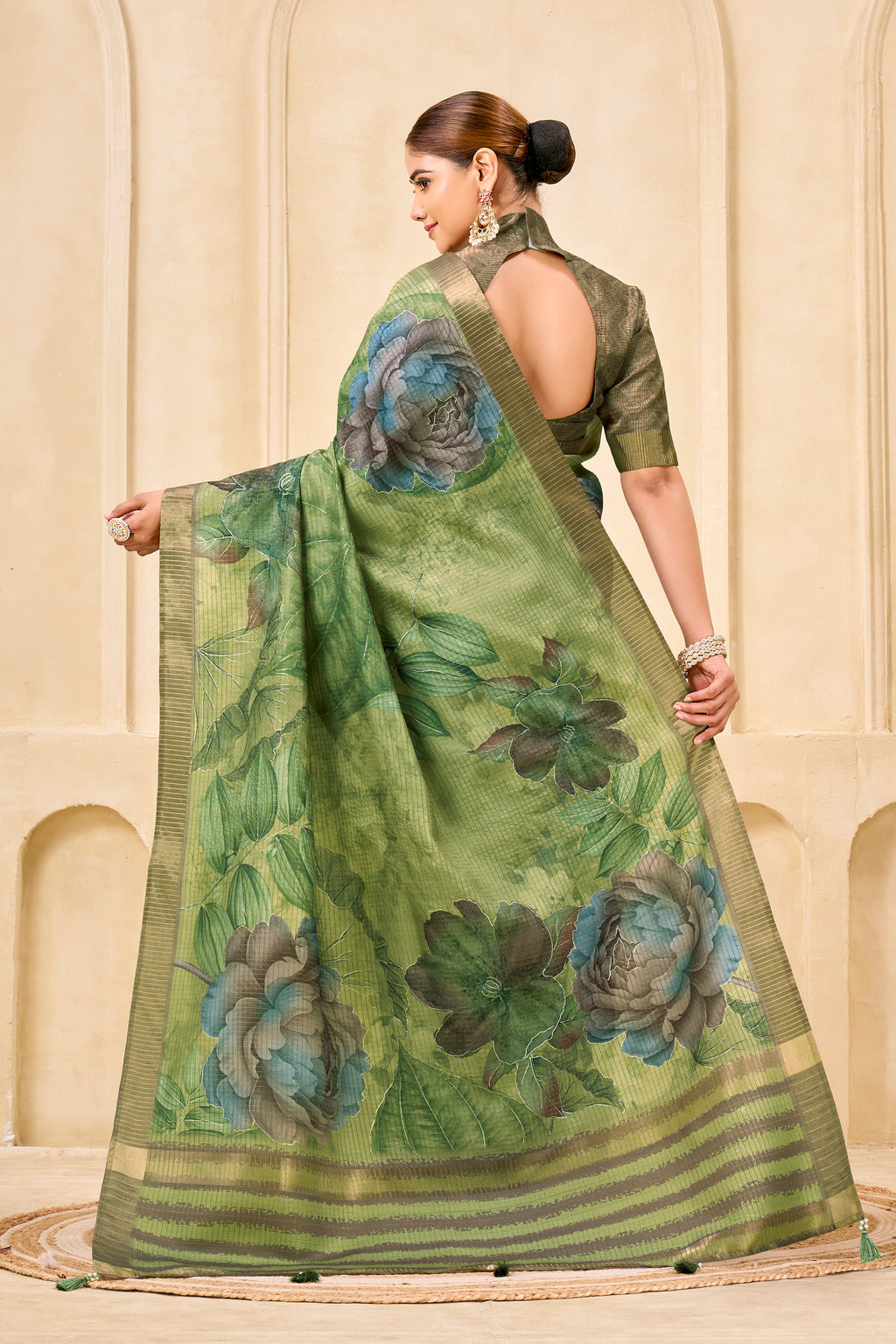 Green Signora Zari Silk Saree | Floral Digital Print with Foil Print