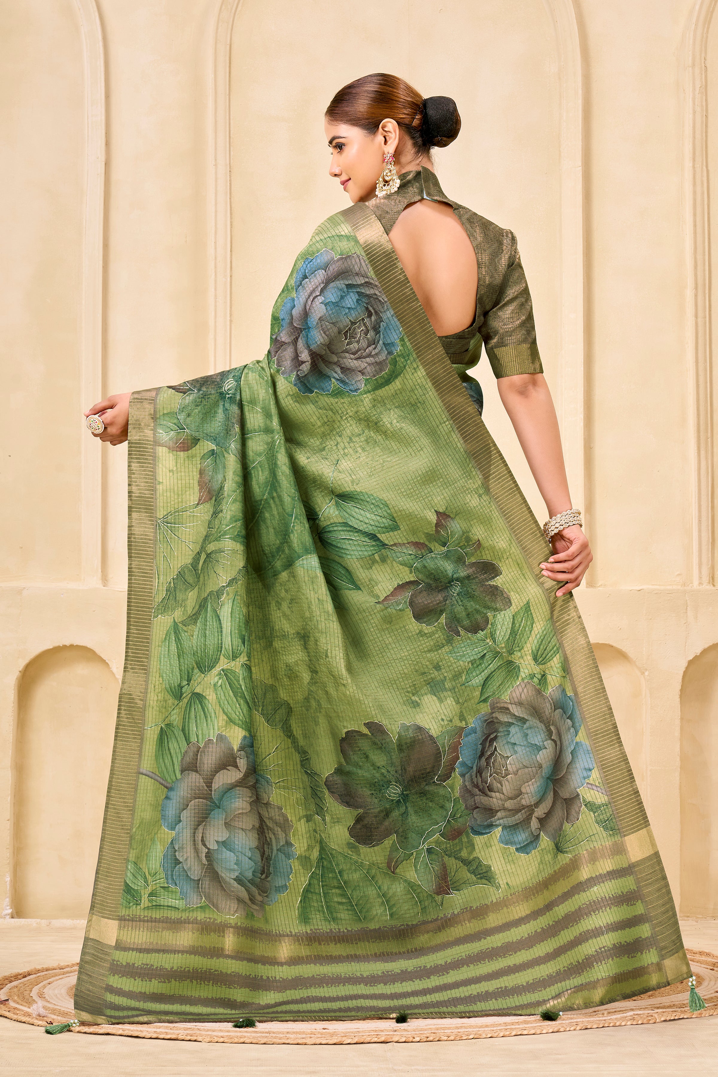Green Signora Zari Silk Saree | Floral Digital Print with Foil Print