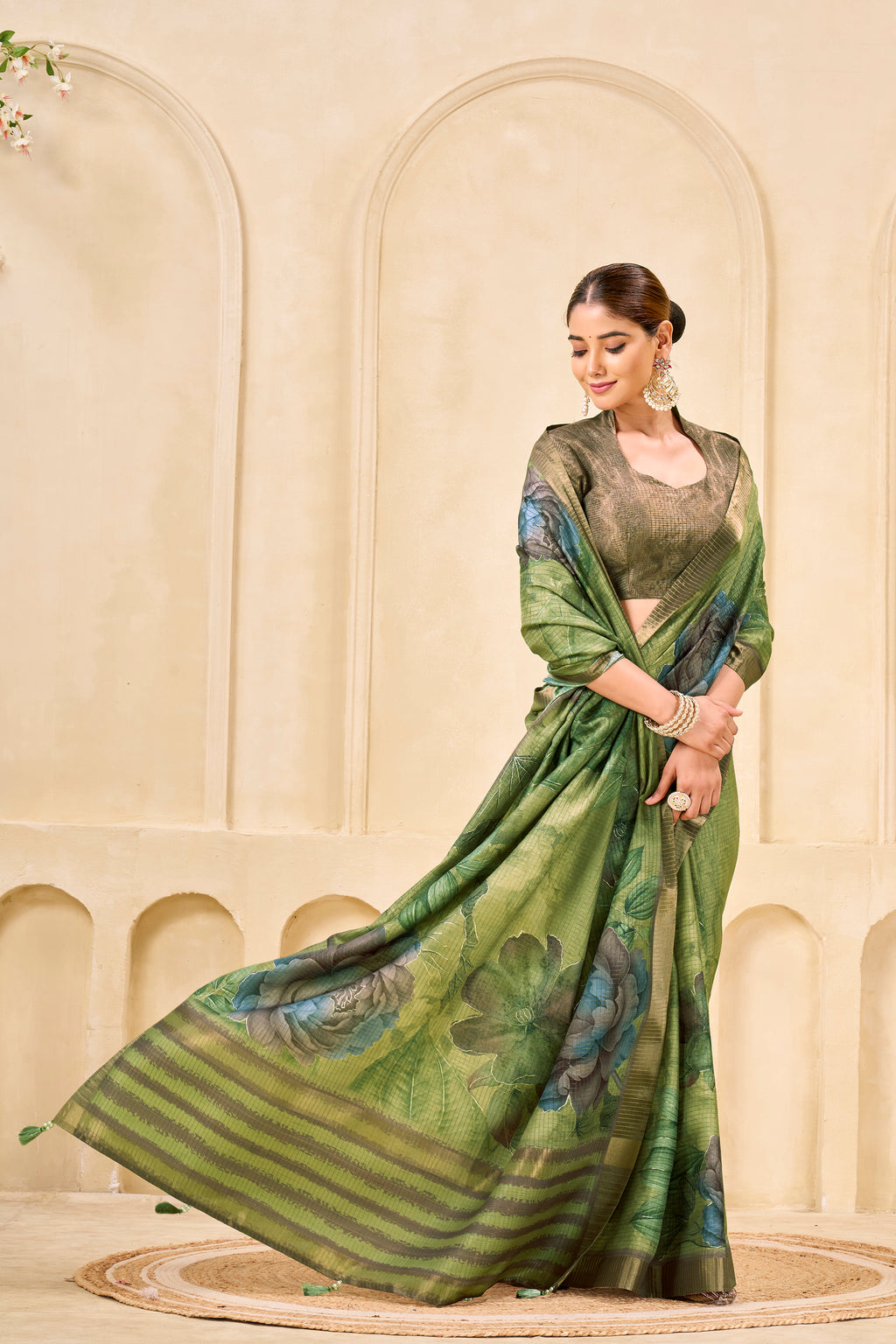 Green Signora Zari Silk Saree | Floral Digital Print with Foil Print