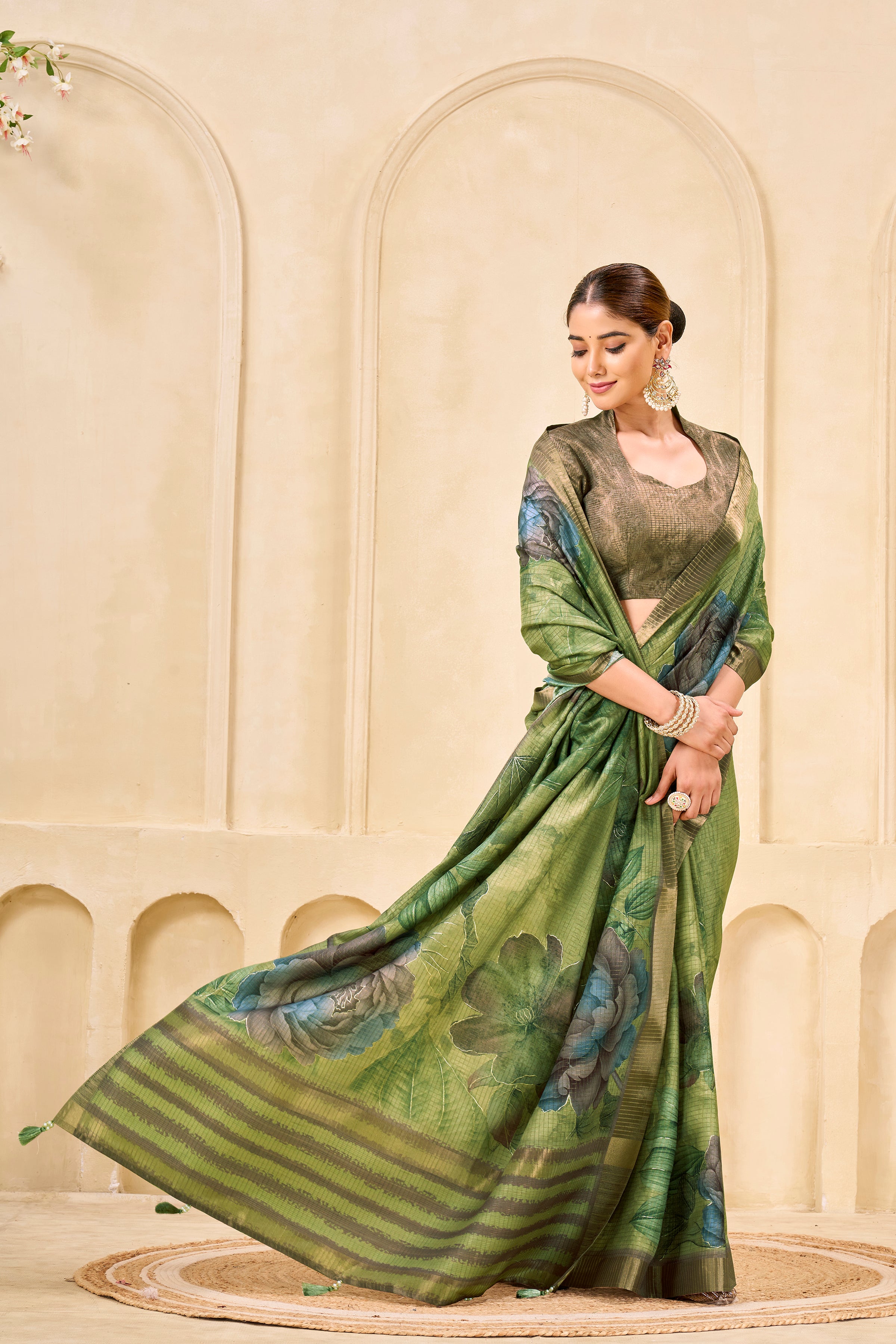 Green Signora Zari Silk Saree | Floral Digital Print with Foil Print