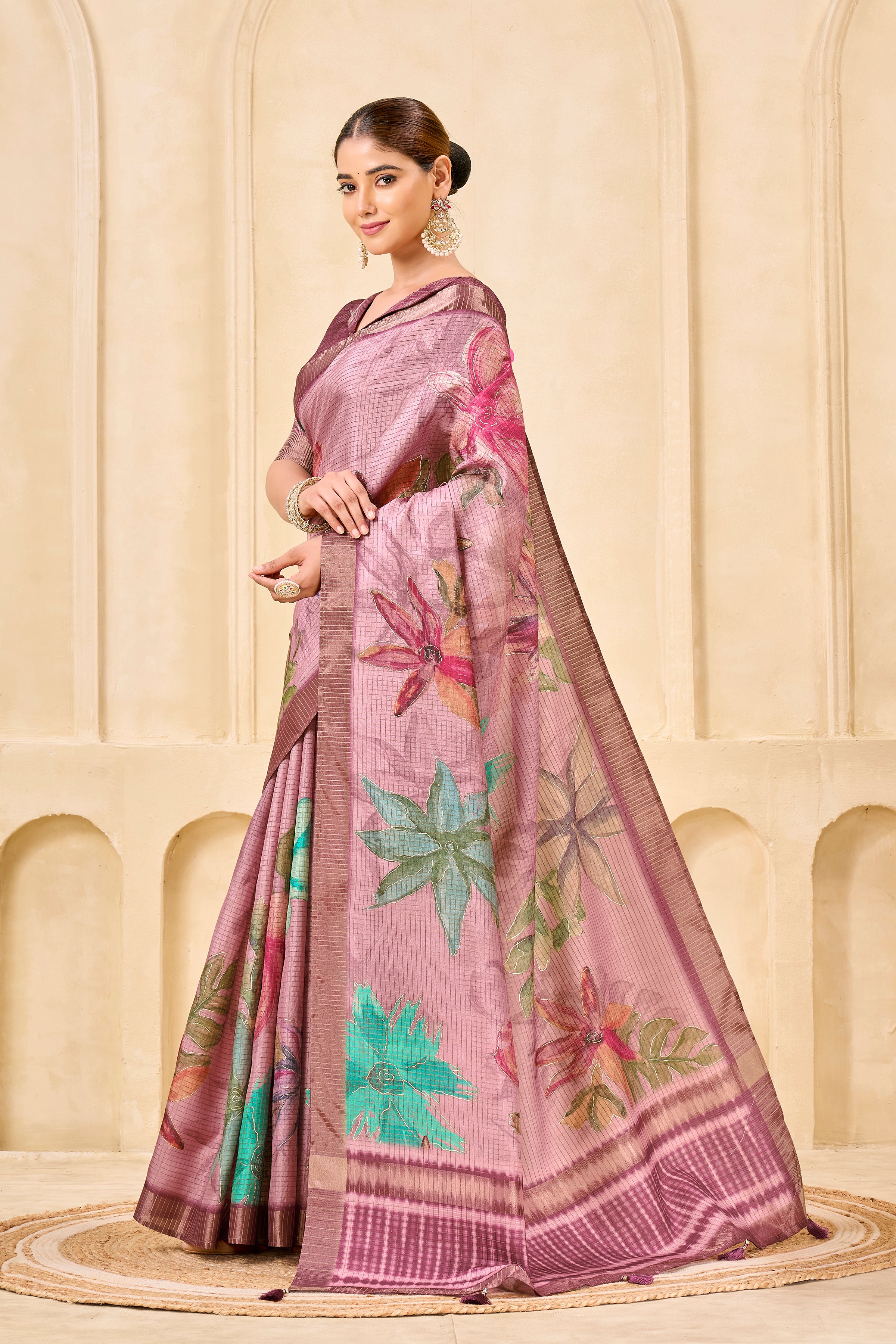 Pink Signora Zari Silk Saree | Floral Digital Print with Foil Print