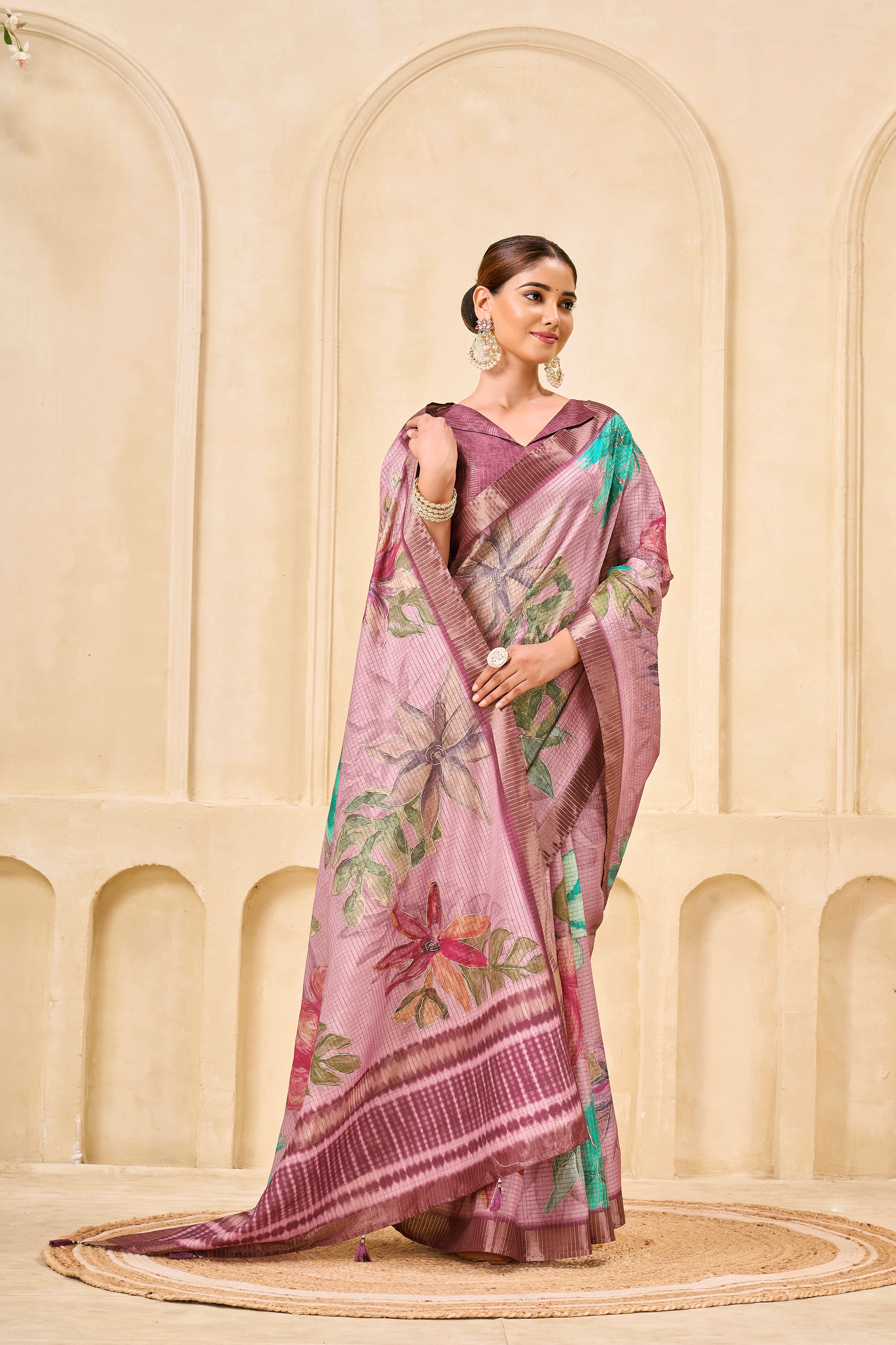 Pink Signora Zari Silk Saree | Floral Digital Print with Foil Print