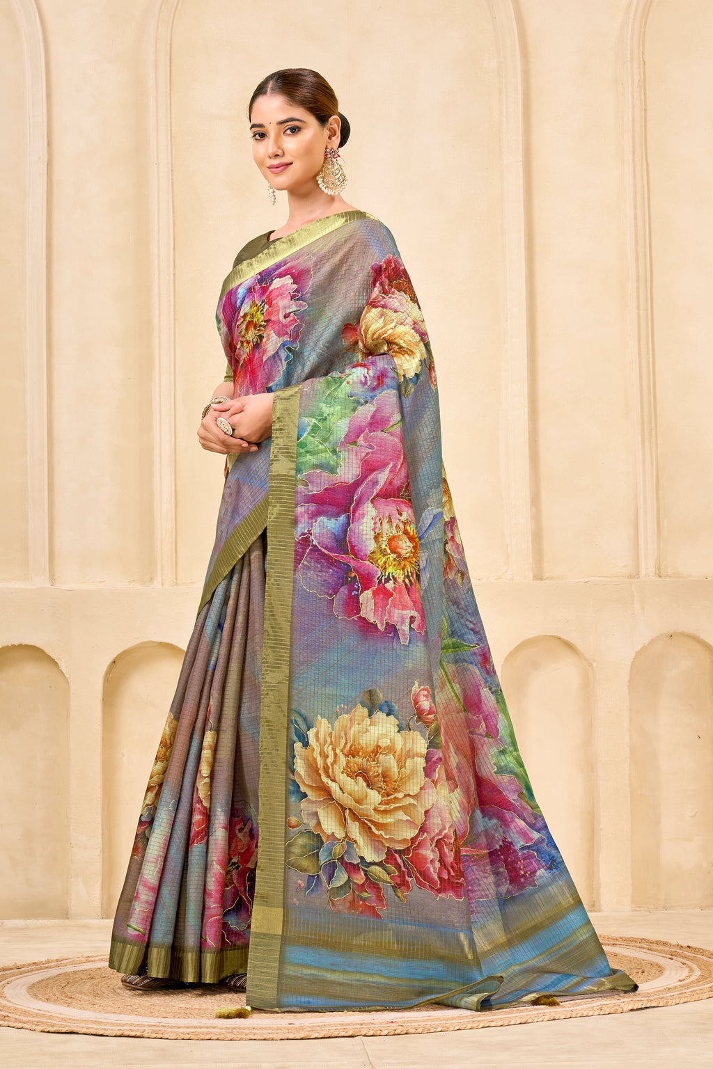 Grey Signora Zari Silk Saree | Floral Digital Print with Foil Print