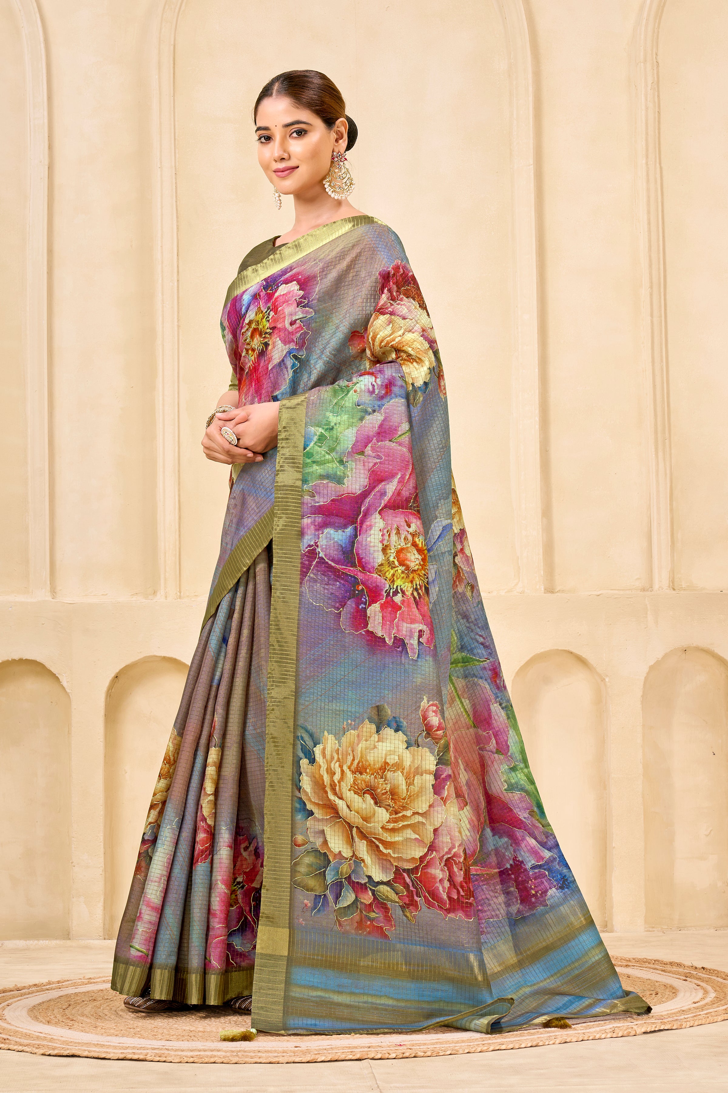 Grey Signora Zari Silk Saree | Floral Digital Print with Foil Print