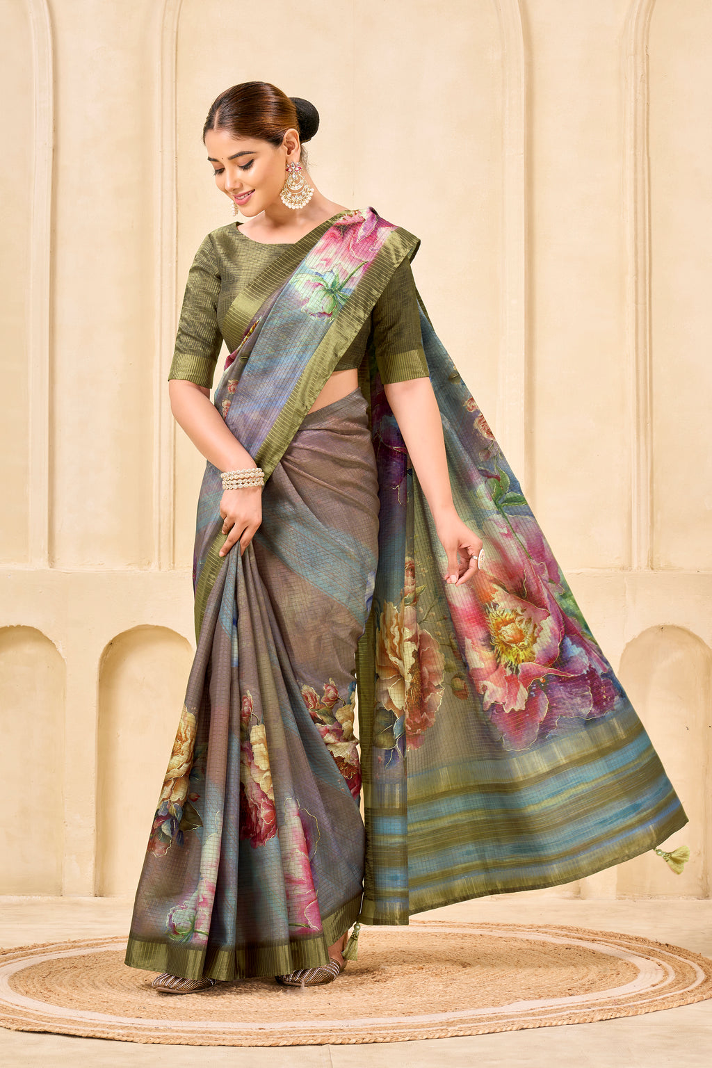 Grey Signora Zari Silk Saree | Floral Digital Print with Foil Print