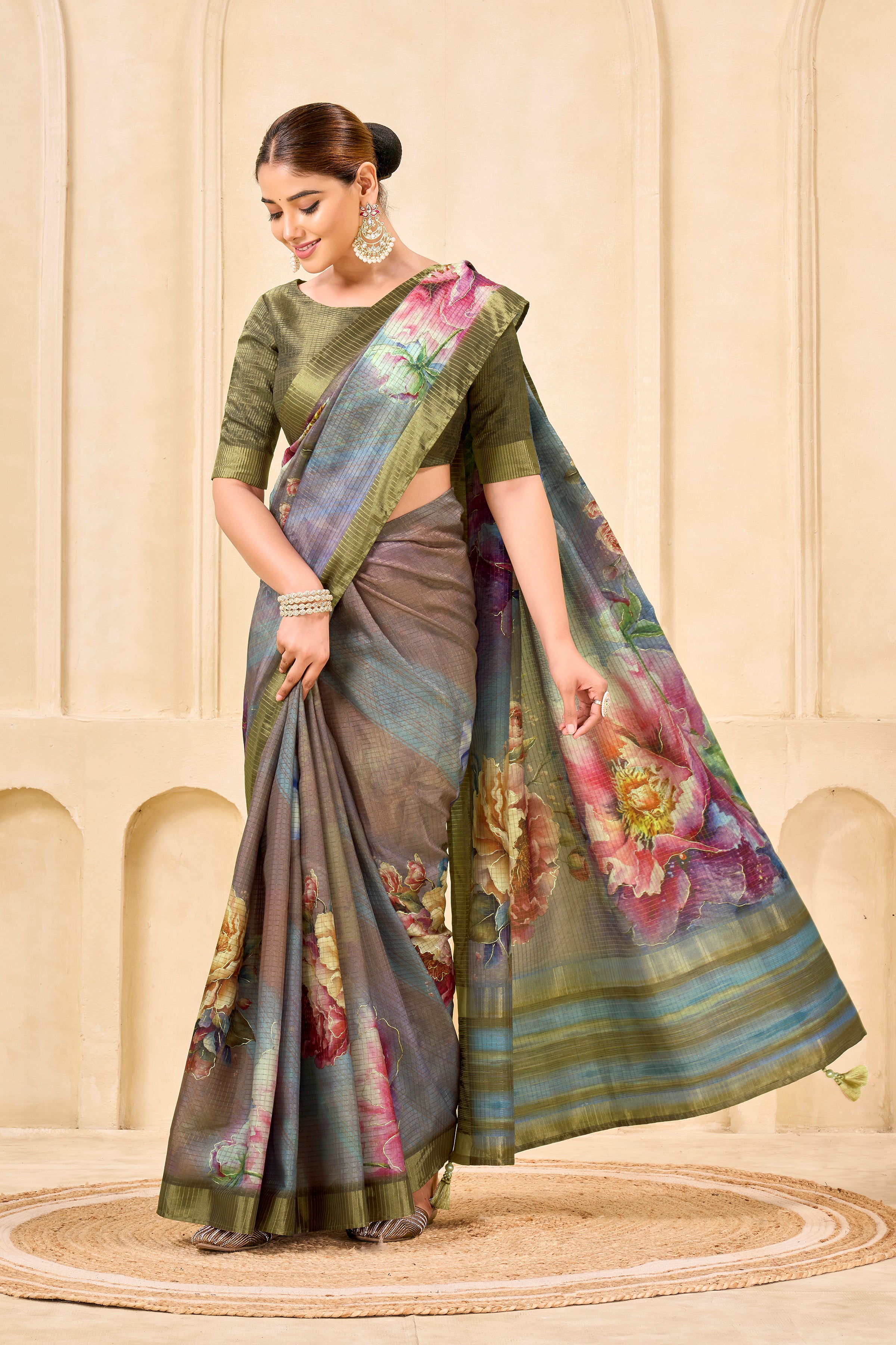 Grey Signora Zari Silk Saree | Floral Digital Print with Foil Print