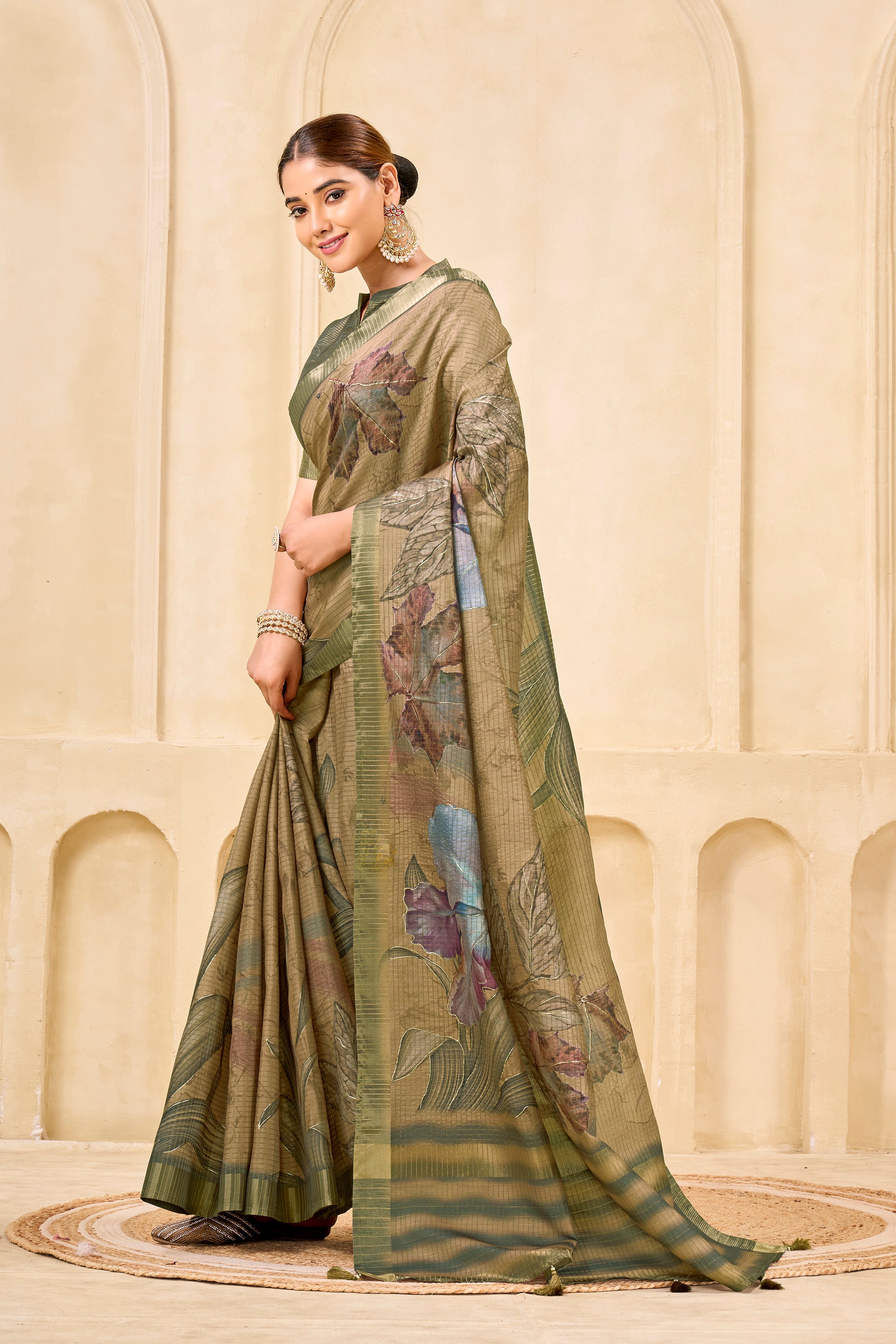 Chiku Signora Zari Silk Saree | Floral Digital Print with Foil Print