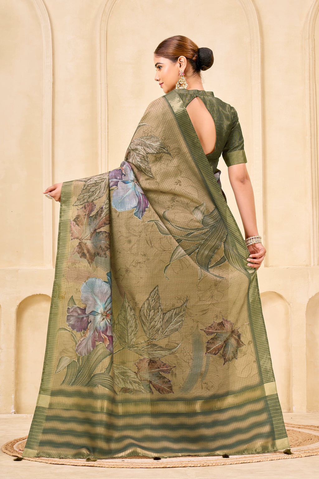 Chiku Signora Zari Silk Saree | Floral Digital Print with Foil Print
