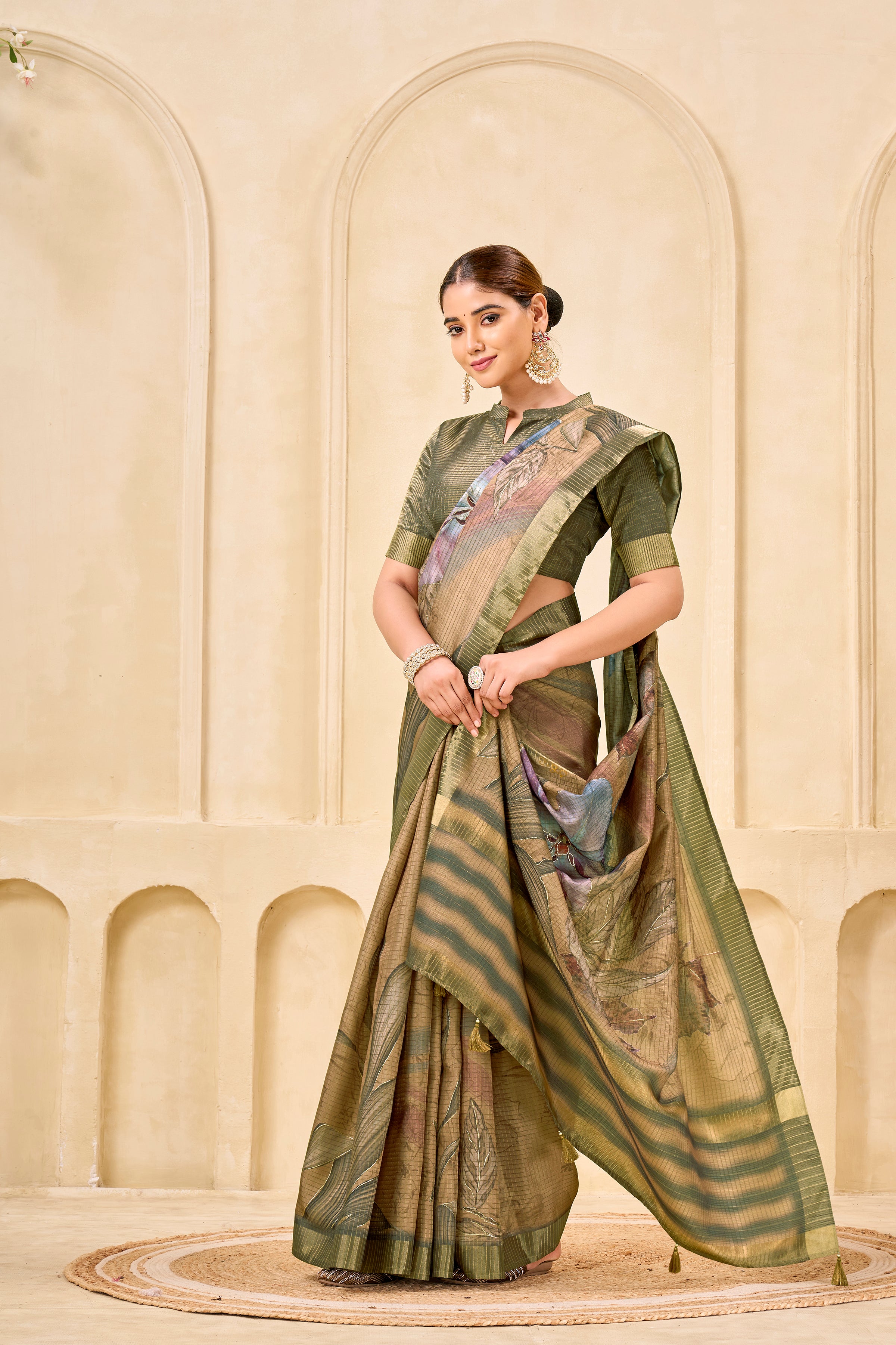 Chiku Signora Zari Silk Saree | Floral Digital Print with Foil Print