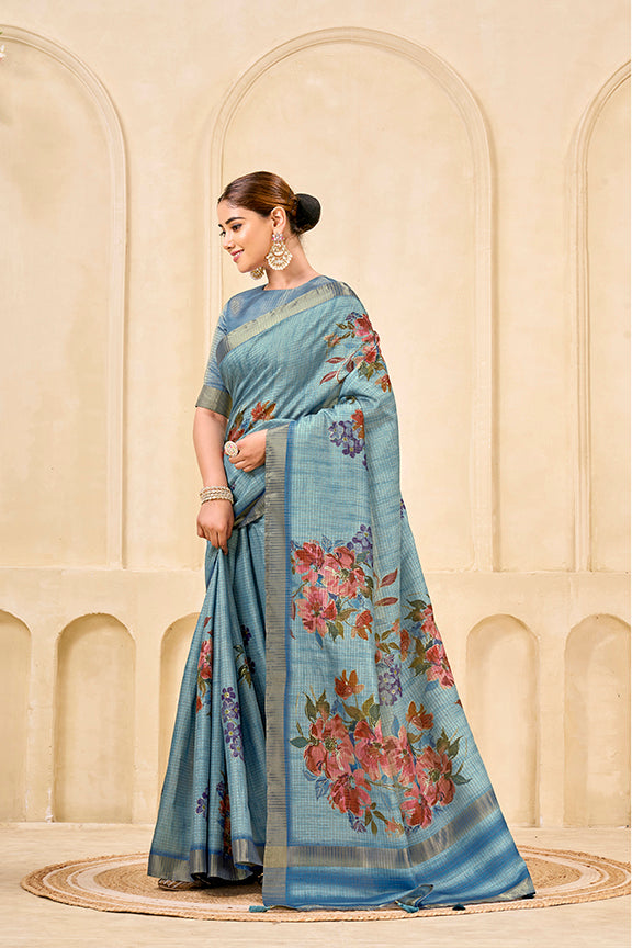 Sky Blue Signora Zari Silk Saree | Floral Digital Print with Foil Print