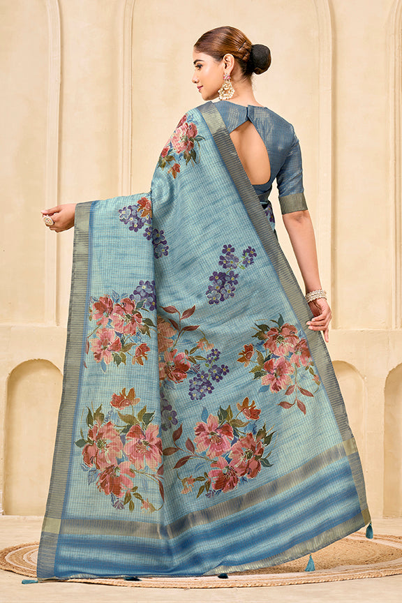 Sky Blue Signora Zari Silk Saree | Floral Digital Print with Foil Print