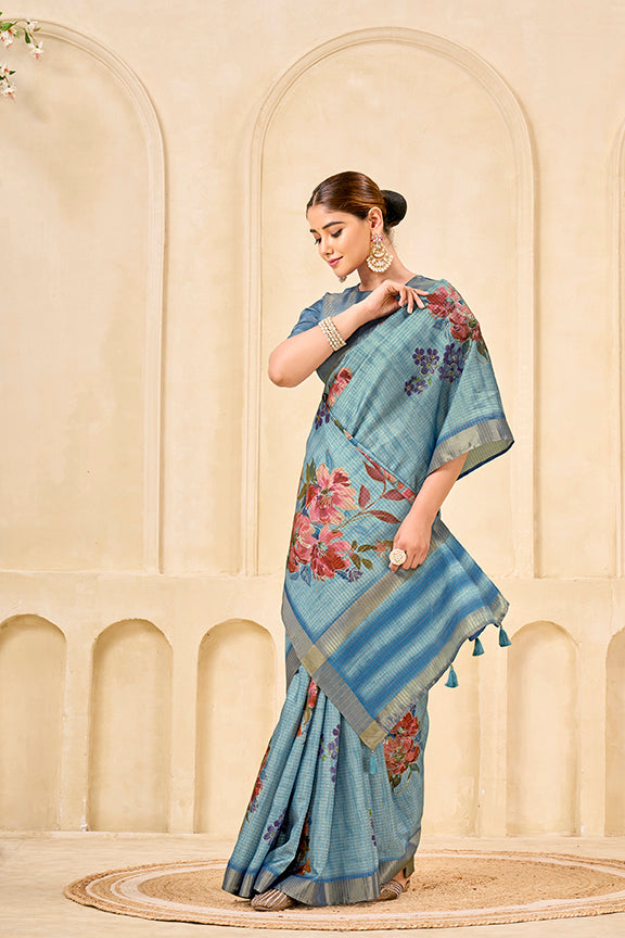 Sky Blue Signora Zari Silk Saree | Floral Digital Print with Foil Print