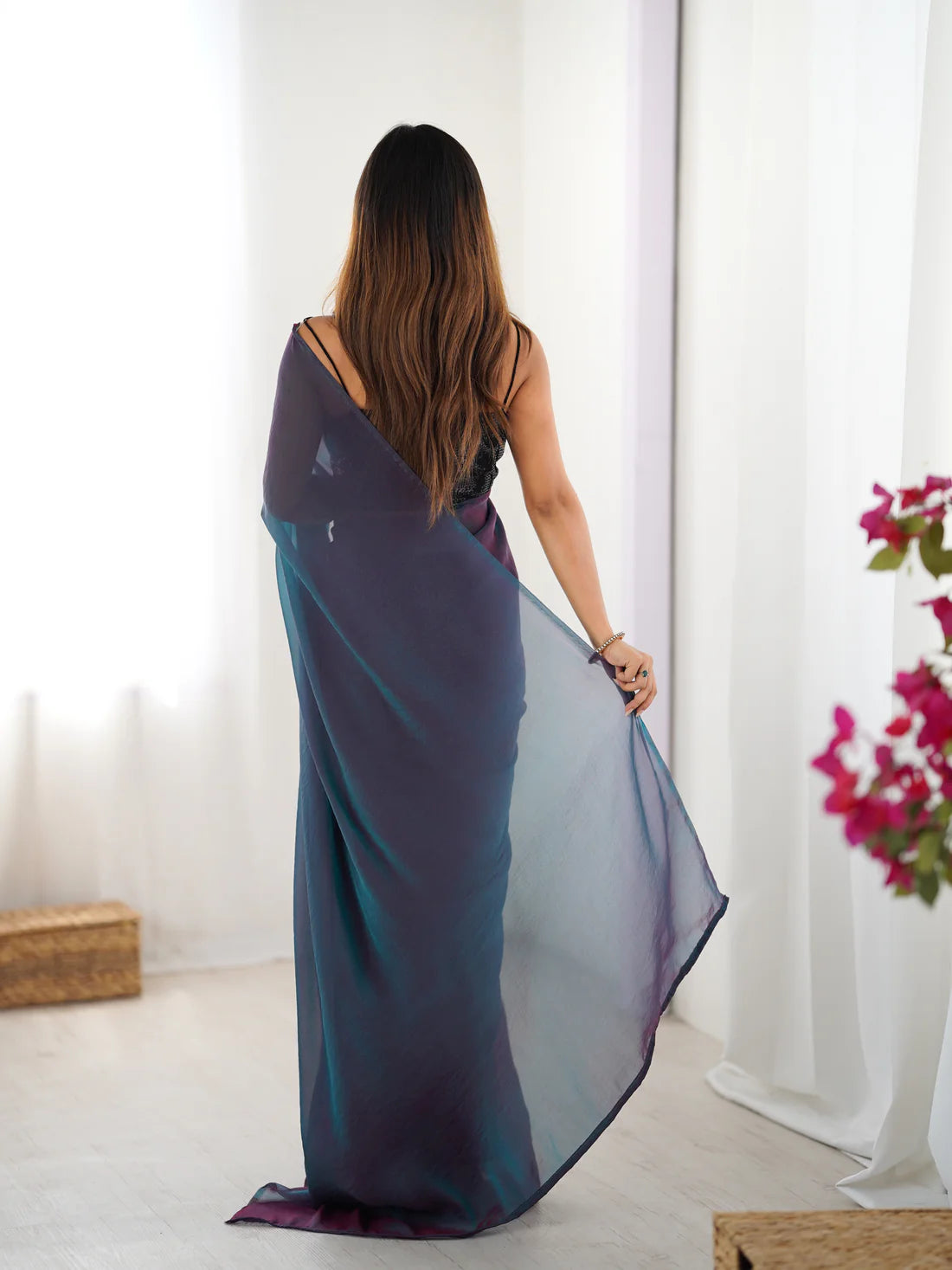 Glassy Two Tone Ready to Wear Saree with Sequin Embroidered Blouse