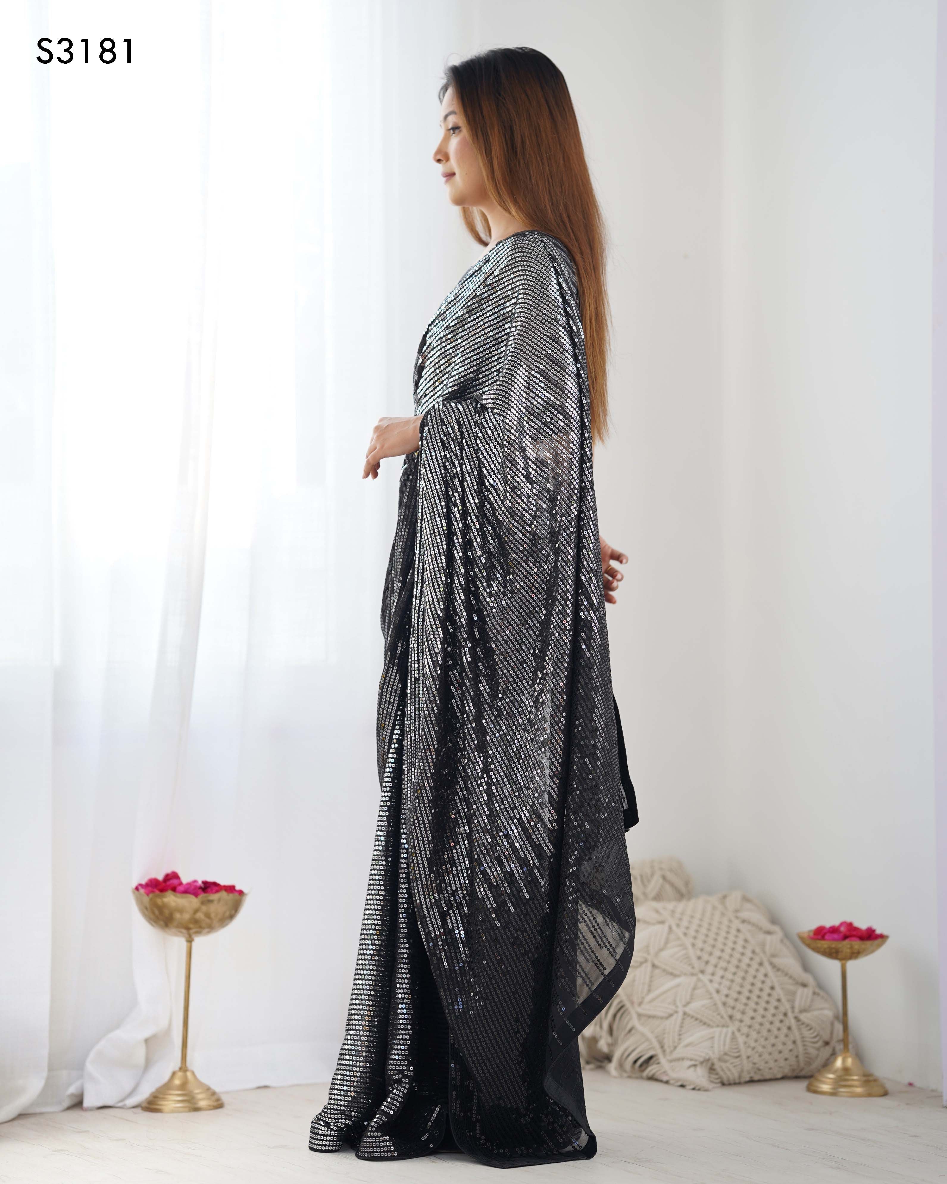 Midnight Black Georgette & Satin Banglori Saree | Designer Sequance Embroidery Party Wear