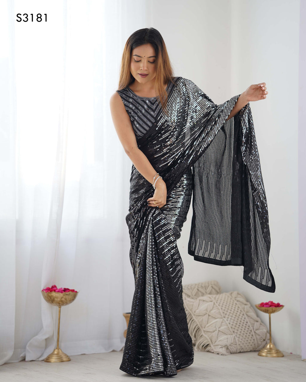 Midnight Black Georgette & Satin Banglori Saree | Designer Sequance Embroidery Party Wear