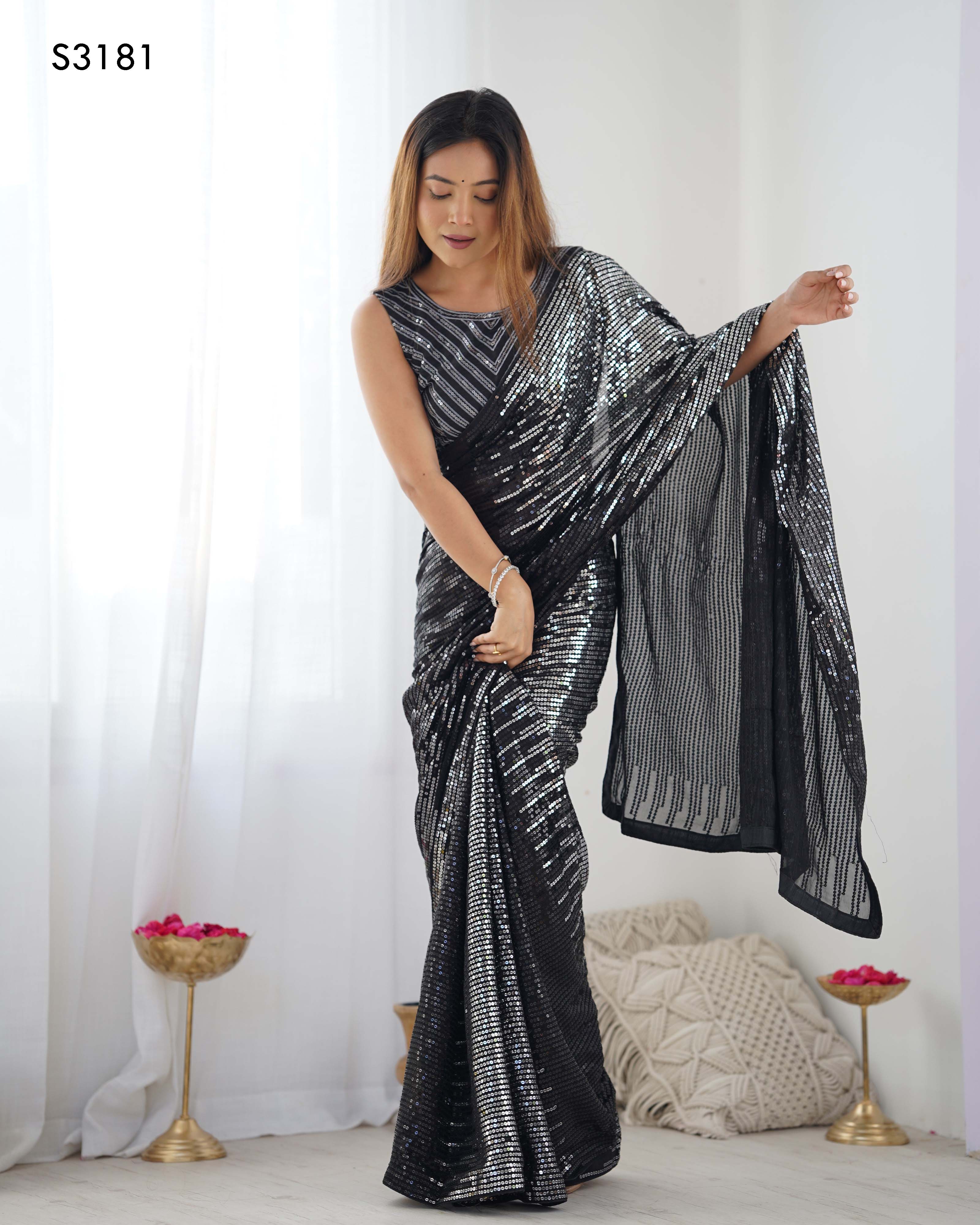 Midnight Black Georgette & Satin Banglori Saree | Designer Sequance Embroidery Party Wear