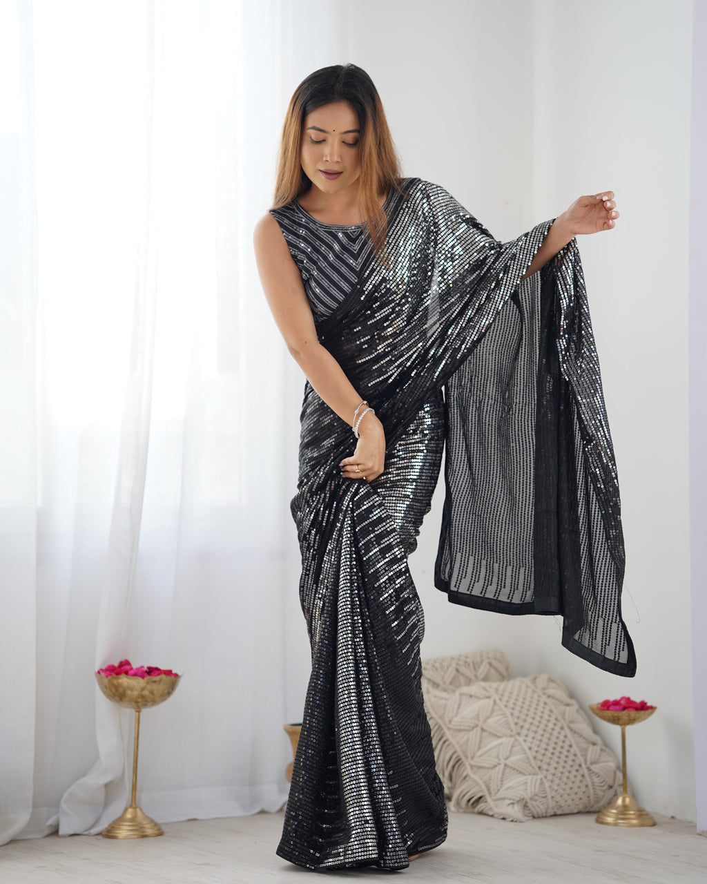 Midnight Black Georgette & Satin Banglori Saree | Designer Sequance Embroidery Party Wear