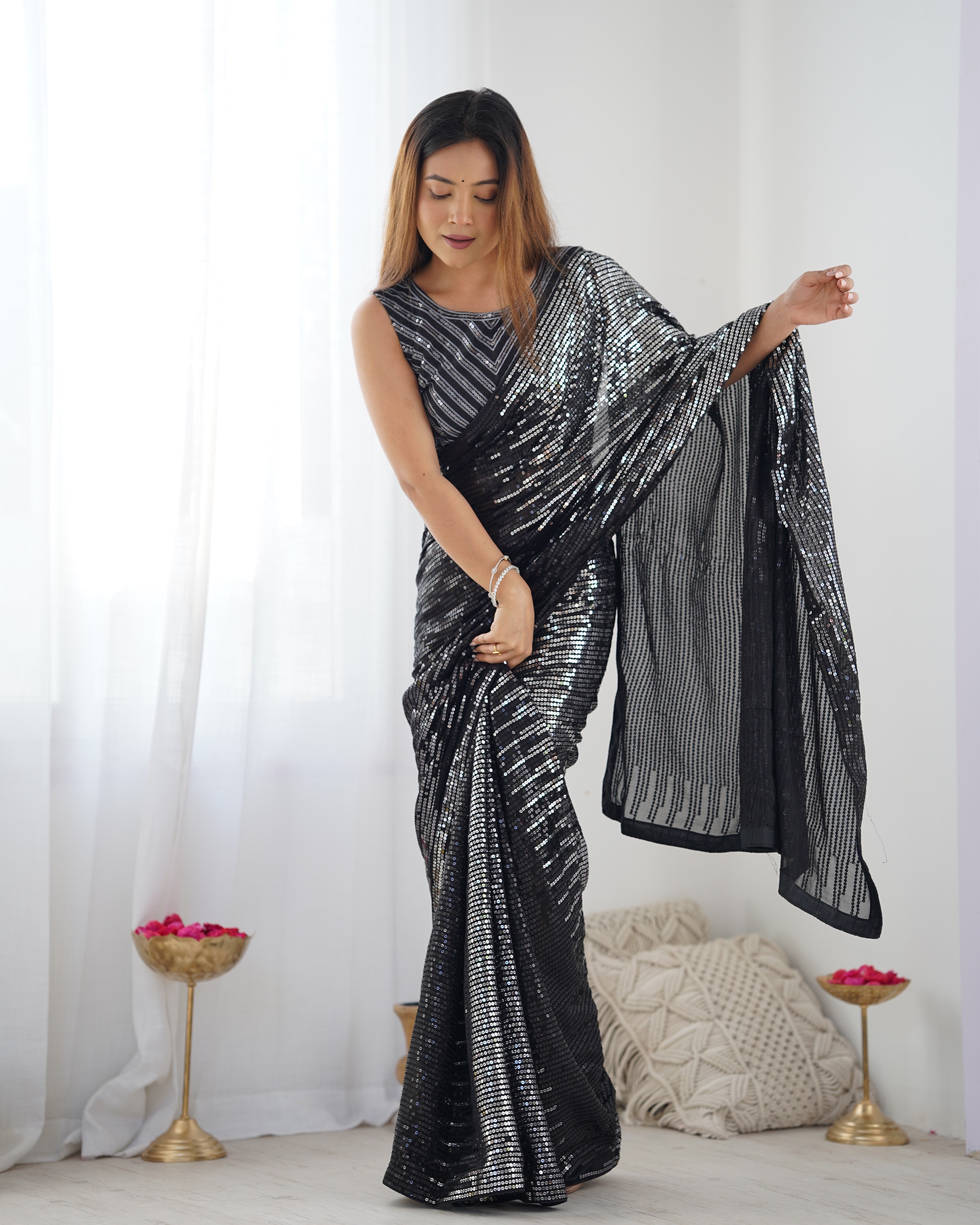 Midnight Black Georgette & Satin Banglori Saree | Designer Sequance Embroidery Party Wear