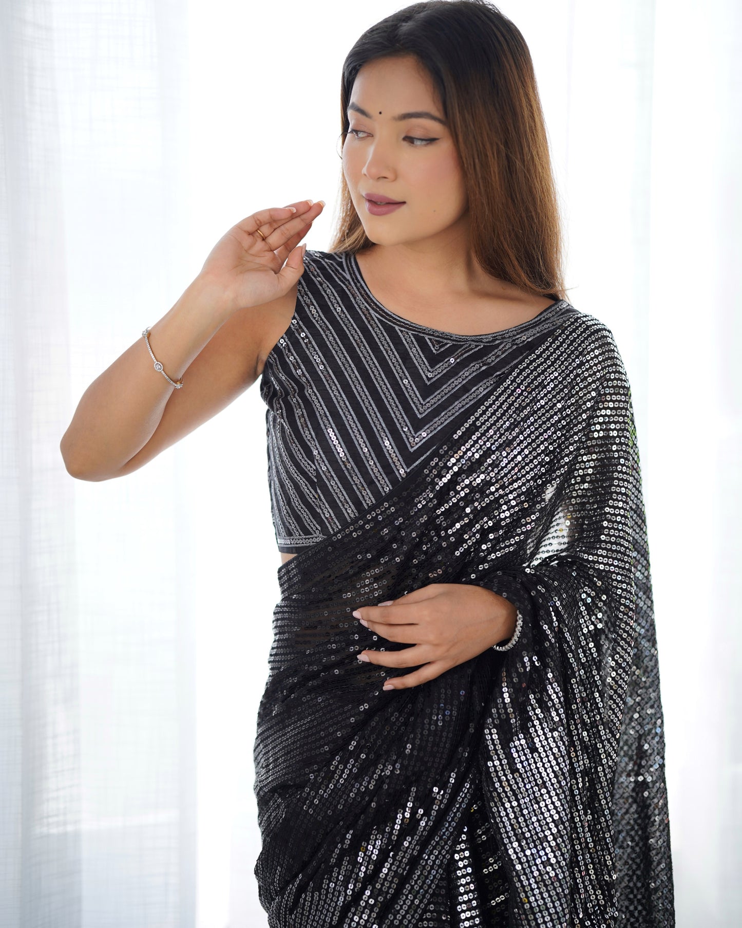 Midnight Black Georgette & Satin Banglori Saree | Designer Sequance Embroidery Party Wear