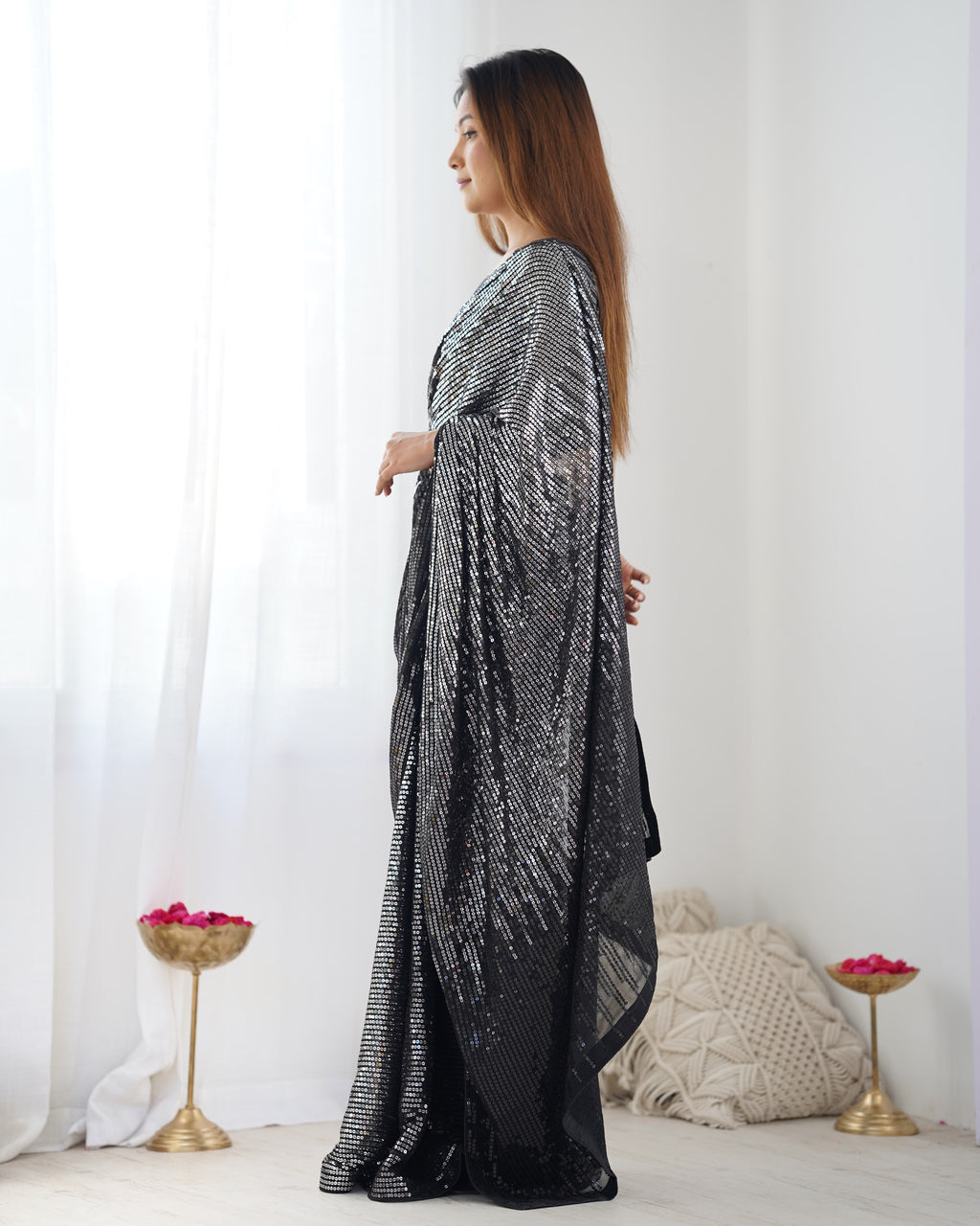 Midnight Black Georgette & Satin Banglori Saree | Designer Sequance Embroidery Party Wear