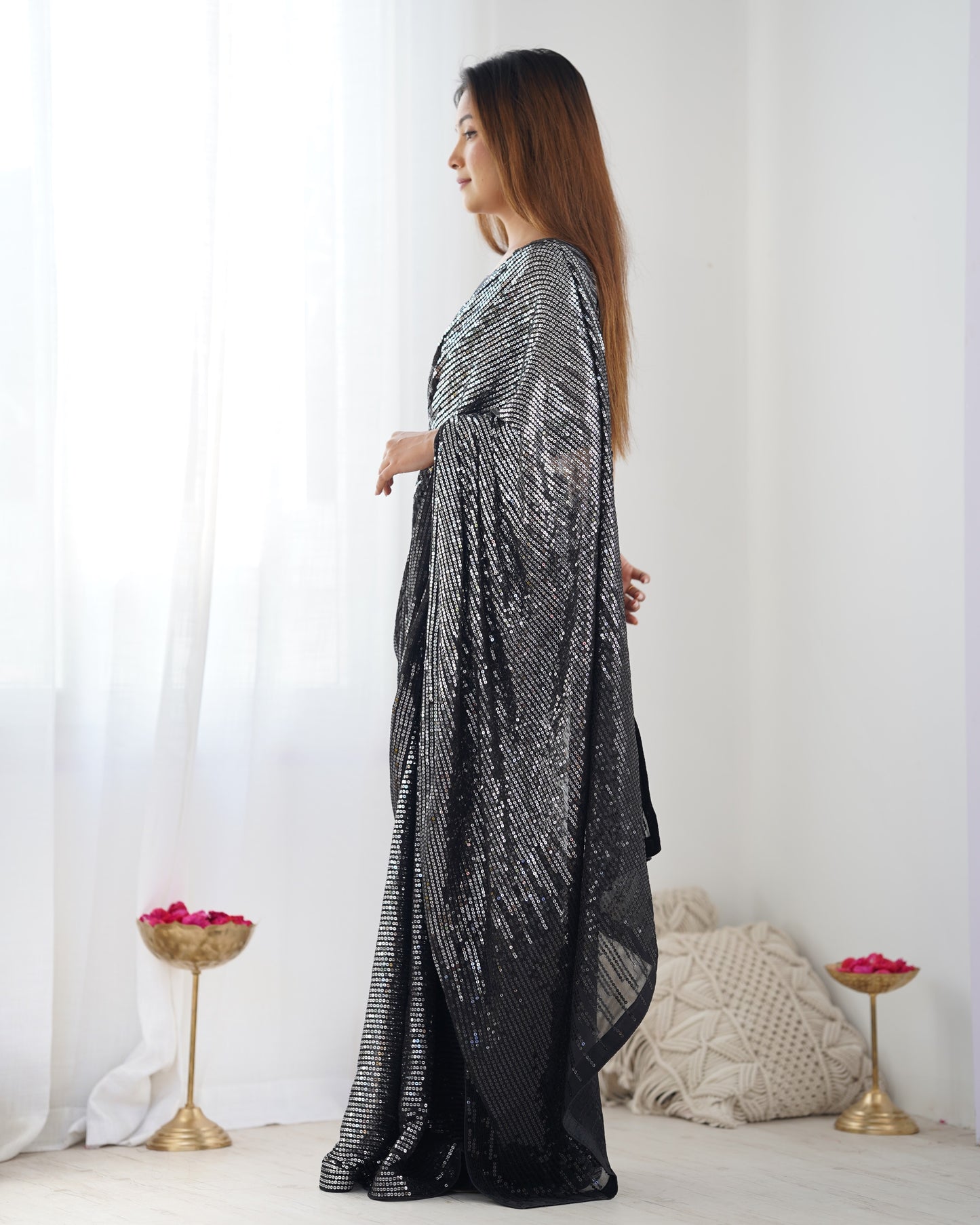 Midnight Black Georgette & Satin Banglori Saree | Designer Sequance Embroidery Party Wear