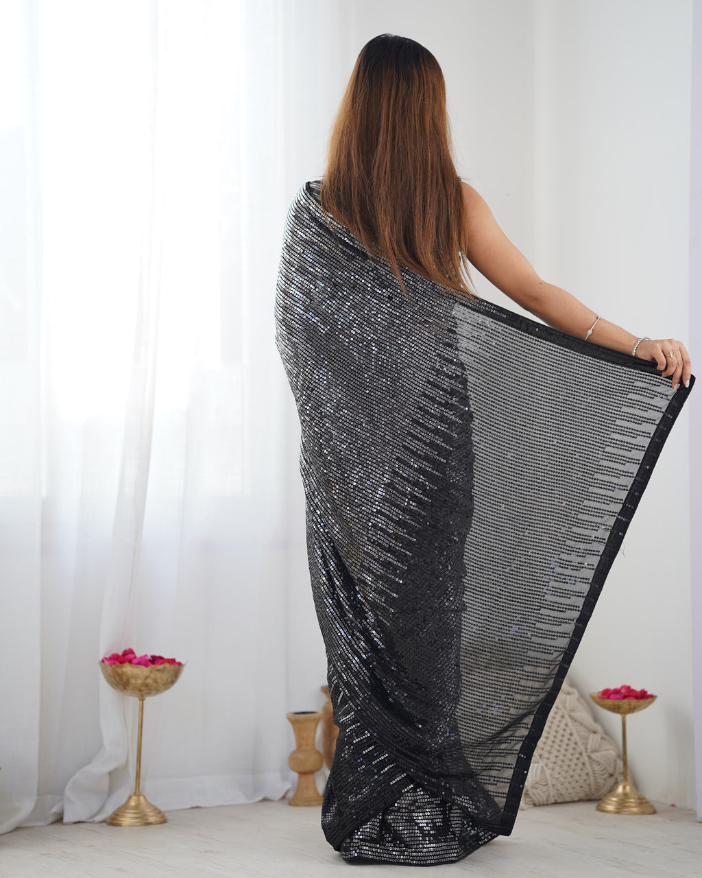 Midnight Black Georgette & Satin Banglori Saree | Designer Sequance Embroidery Party Wear