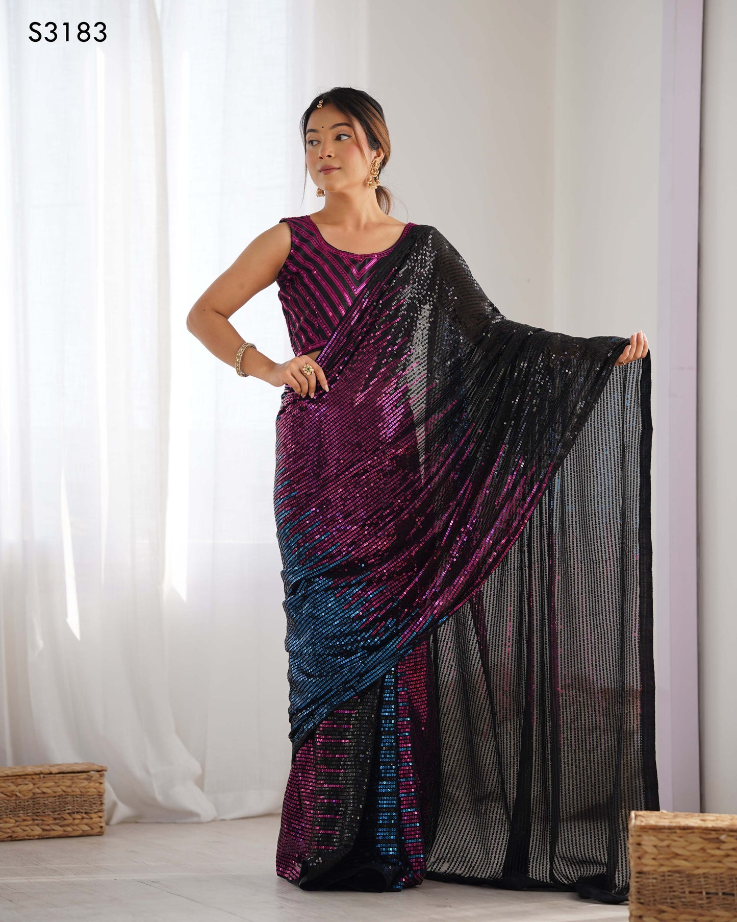 Elegant Black Georgette & Satin Banglori Saree | Designer Sequance Embroidery Party Wear