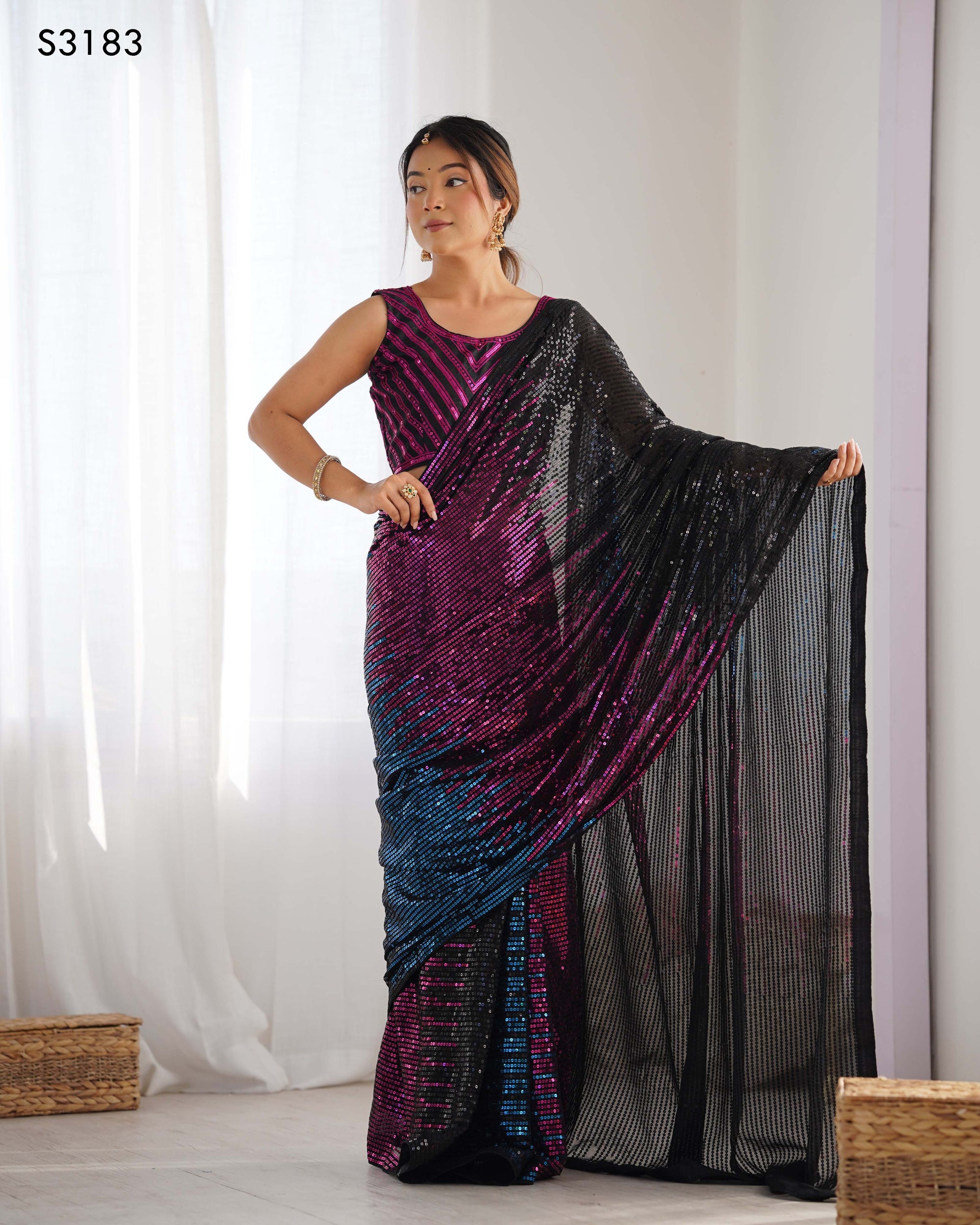 Elegant Black Georgette & Satin Banglori Saree | Designer Sequance Embroidery Party Wear