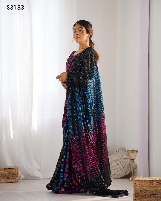 Elegant Black Georgette & Satin Banglori Saree | Designer Sequance Embroidery Party Wear