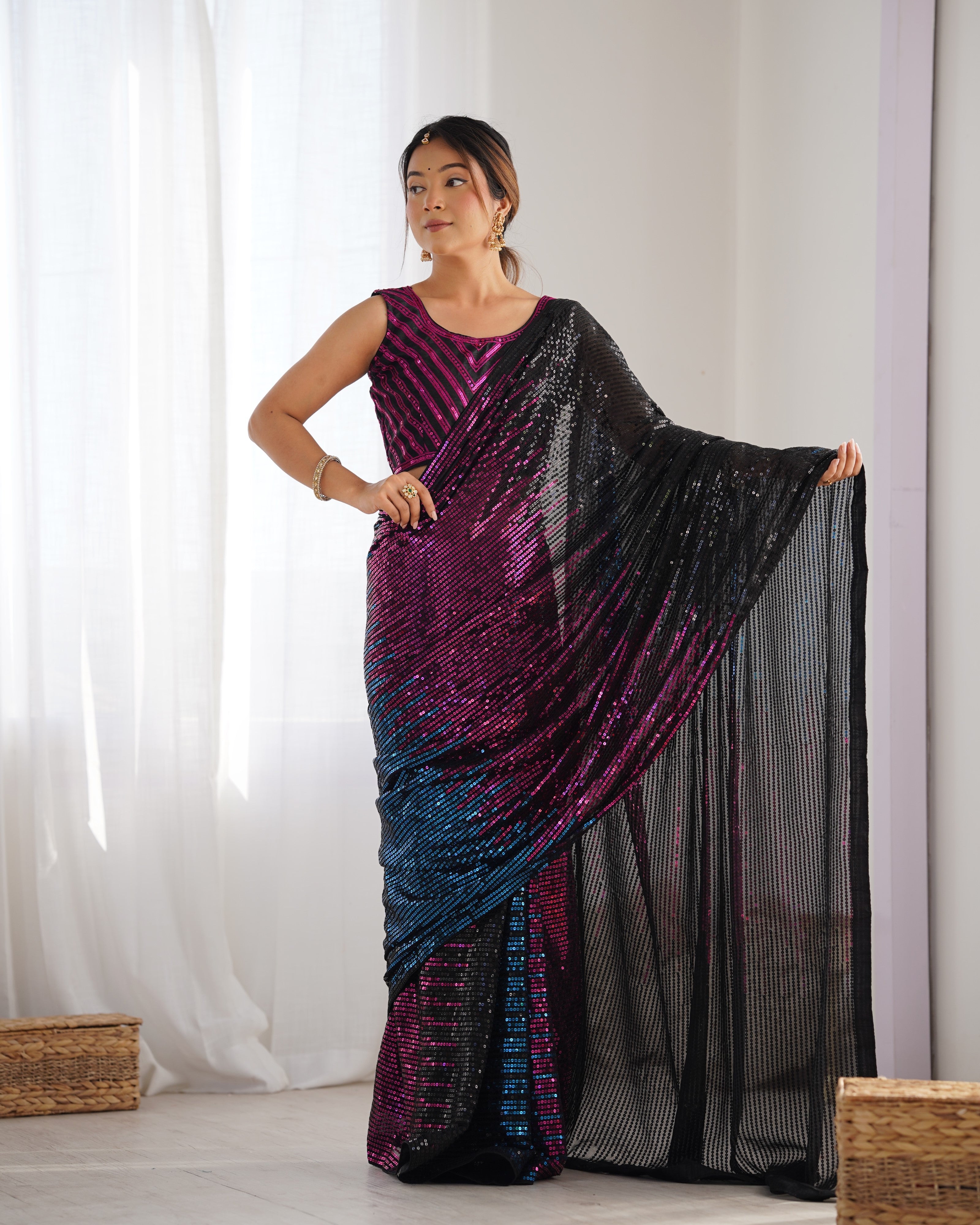 Elegant Black Georgette & Satin Banglori Saree | Designer Sequance Embroidery Party Wear