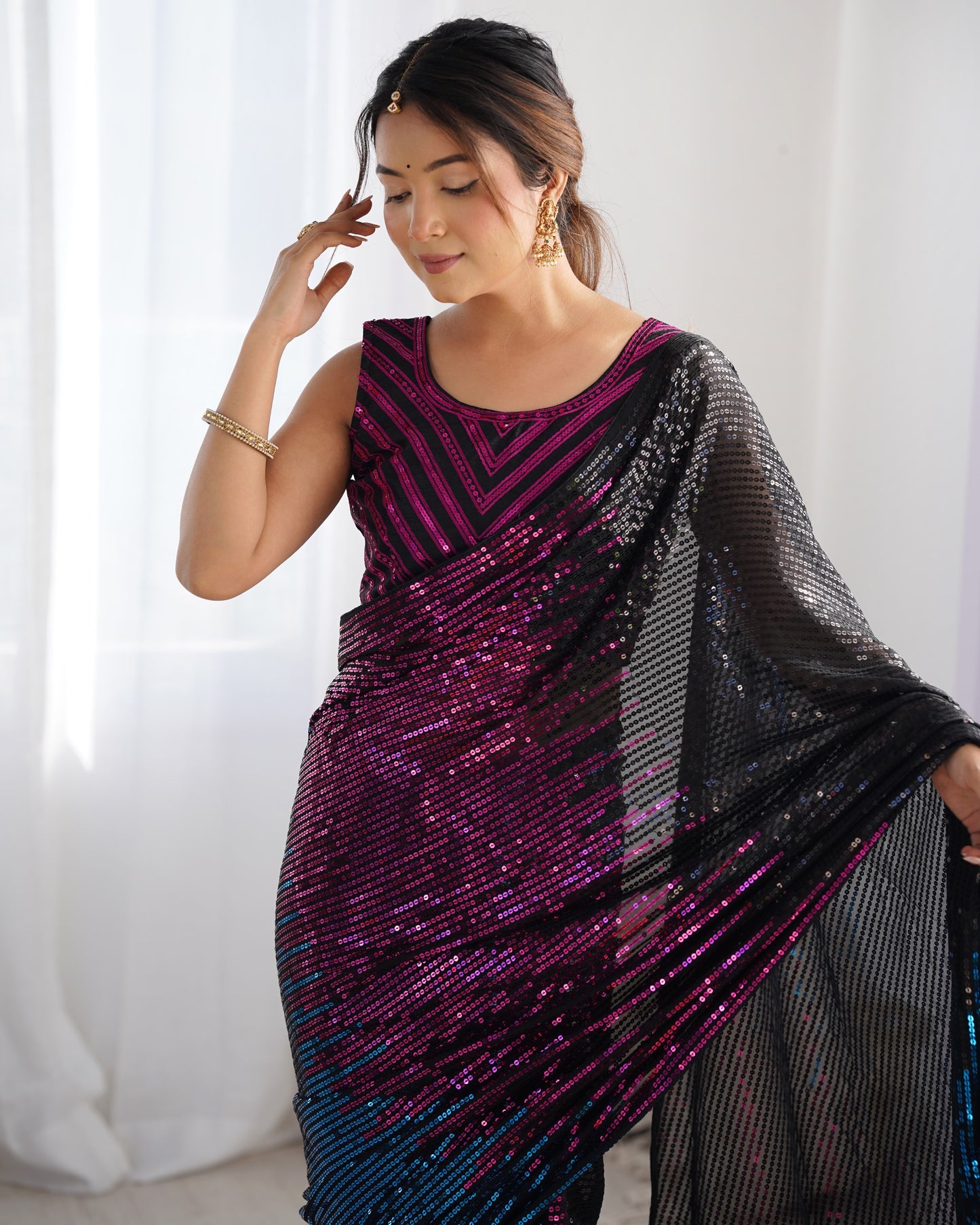 Elegant Black Georgette & Satin Banglori Saree | Designer Sequance Embroidery Party Wear