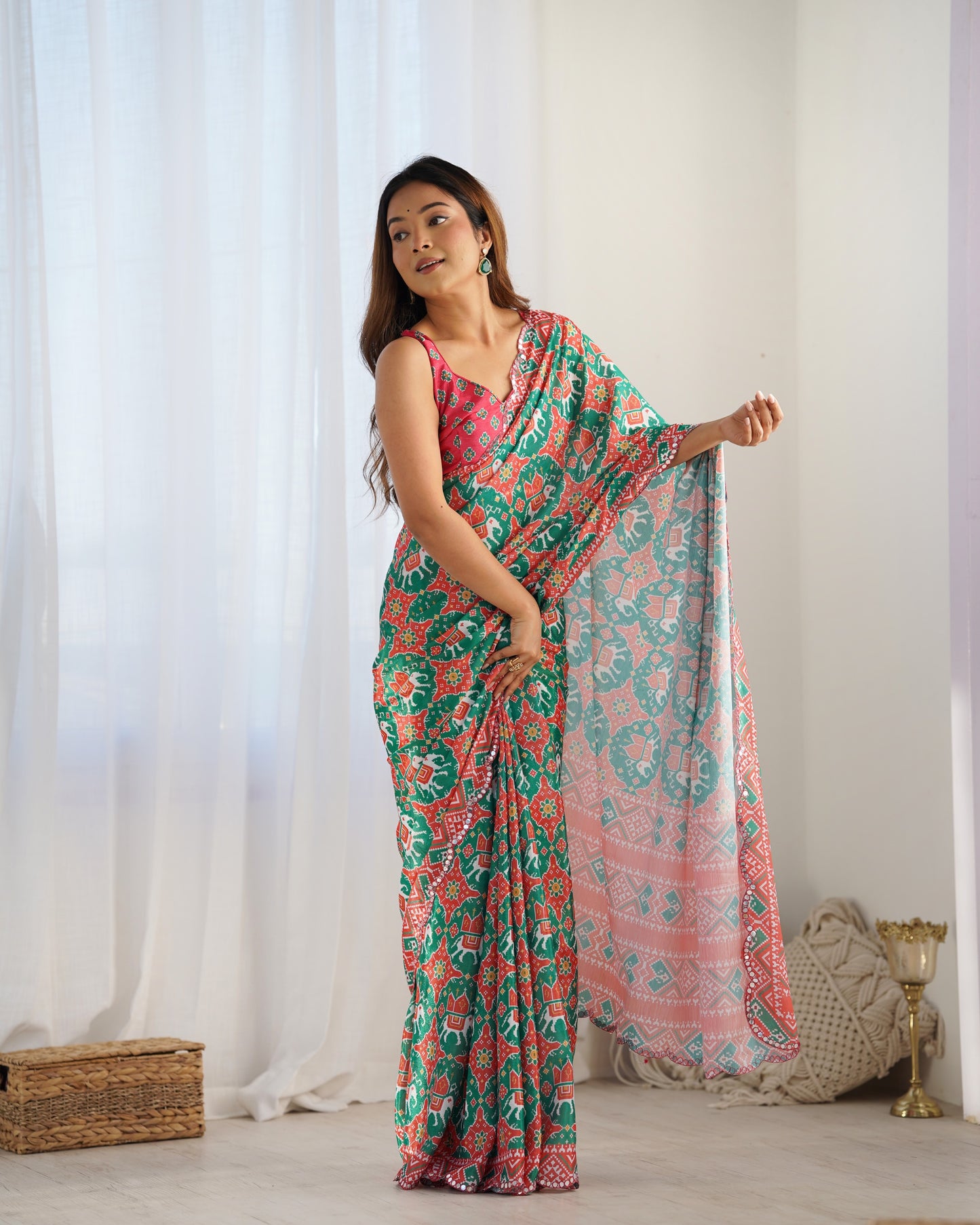 Emerald Elegance Chinon Party Wear Saree | Designer Digital Print with Mirror Cut Work