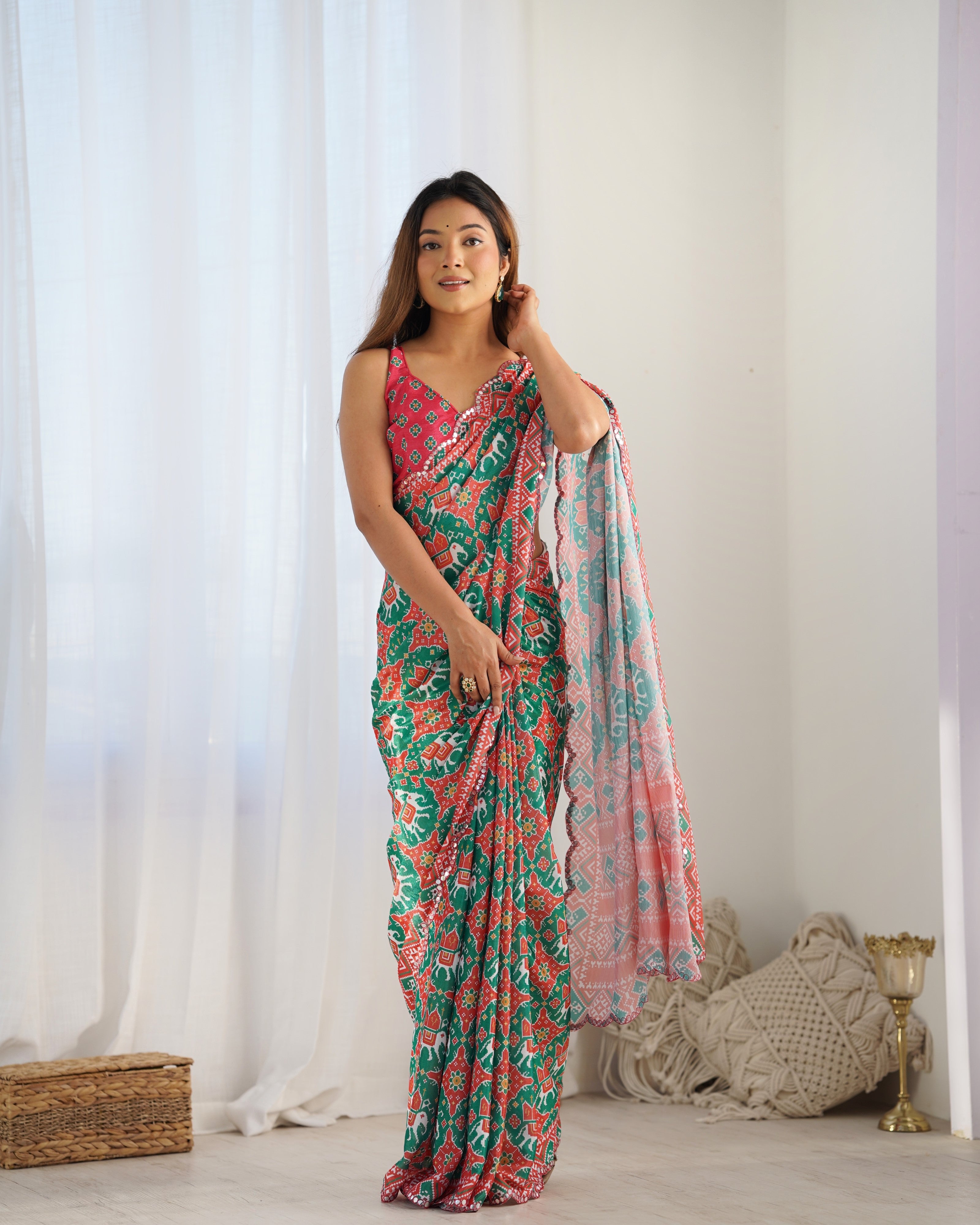 Emerald Elegance Chinon Party Wear Saree | Designer Digital Print with Mirror Cut Work