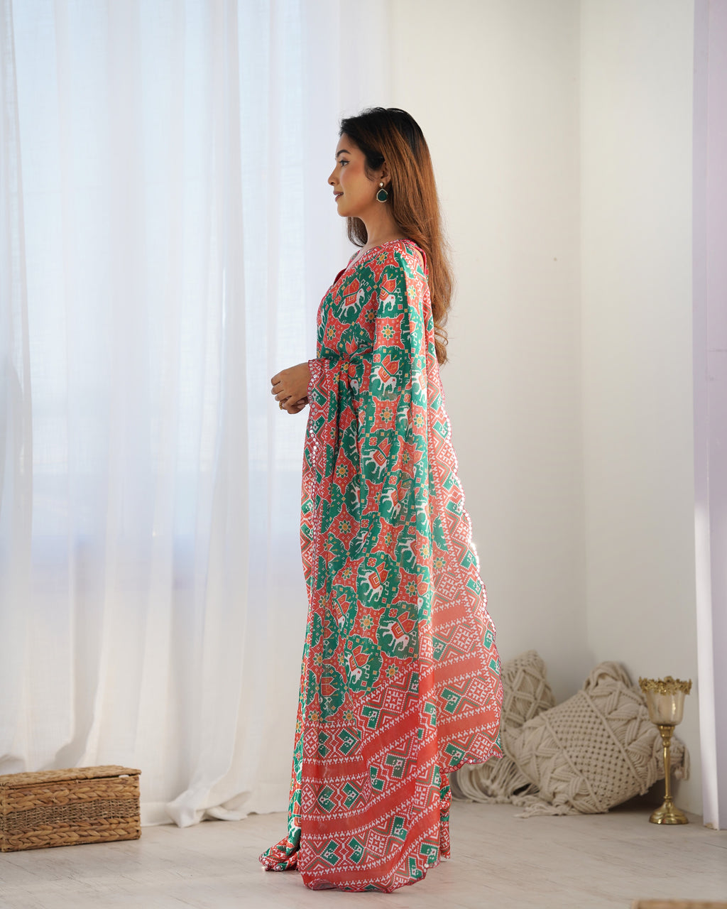 Emerald Elegance Chinon Party Wear Saree | Designer Digital Print with Mirror Cut Work