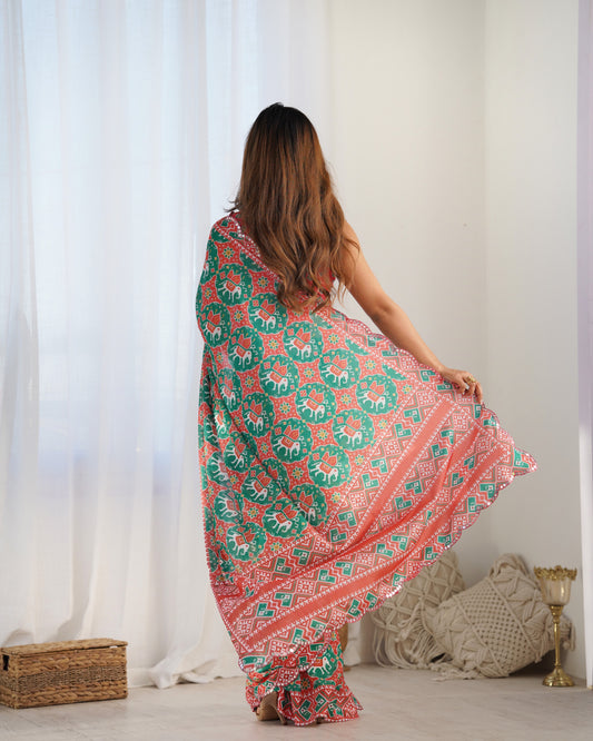 Emerald Elegance Chinon Party Wear Saree | Designer Digital Print with Mirror Cut Work
