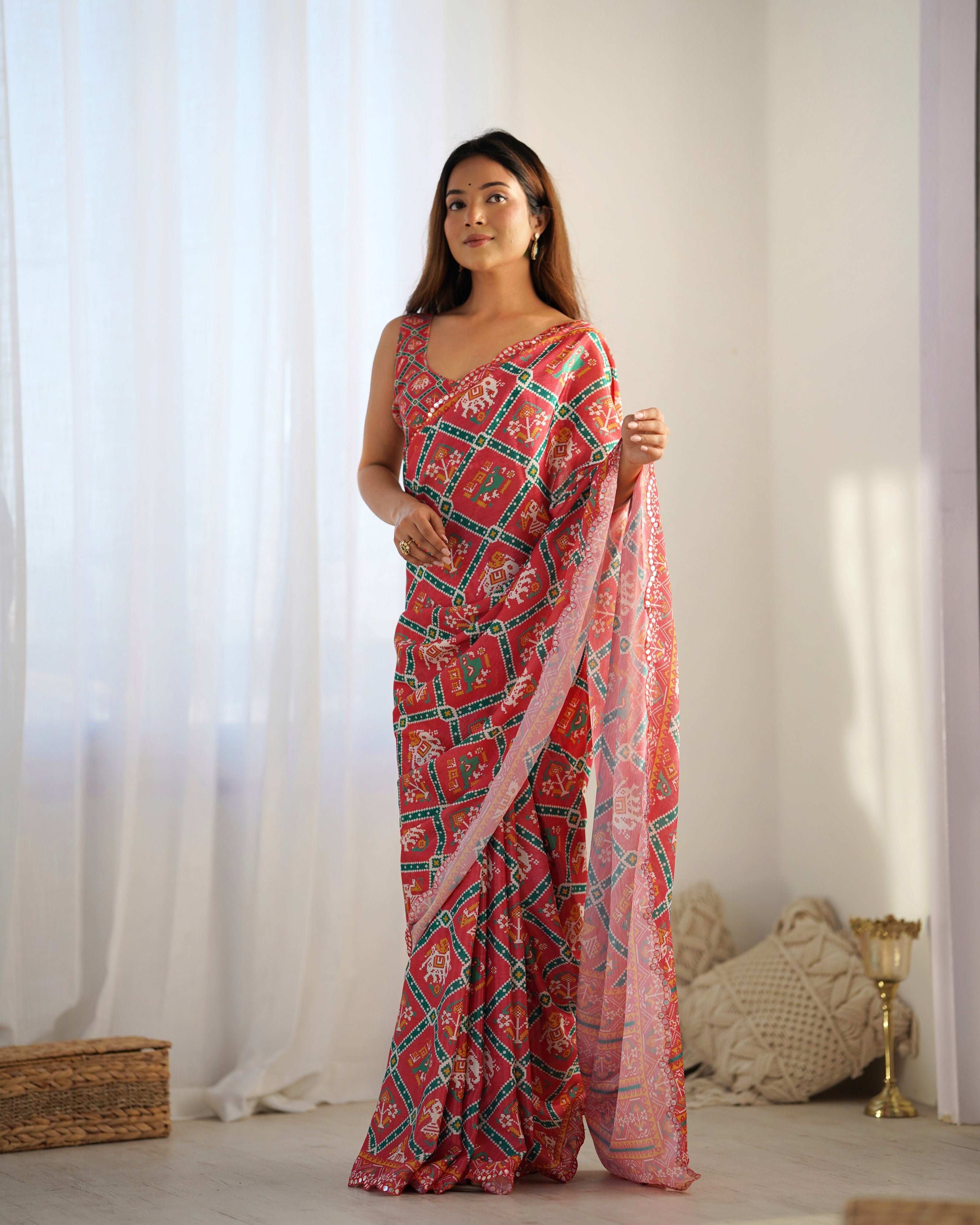 Ruby Radiance Chinon Party Wear Saree | Designer Digital Print with Mirror Cut Work