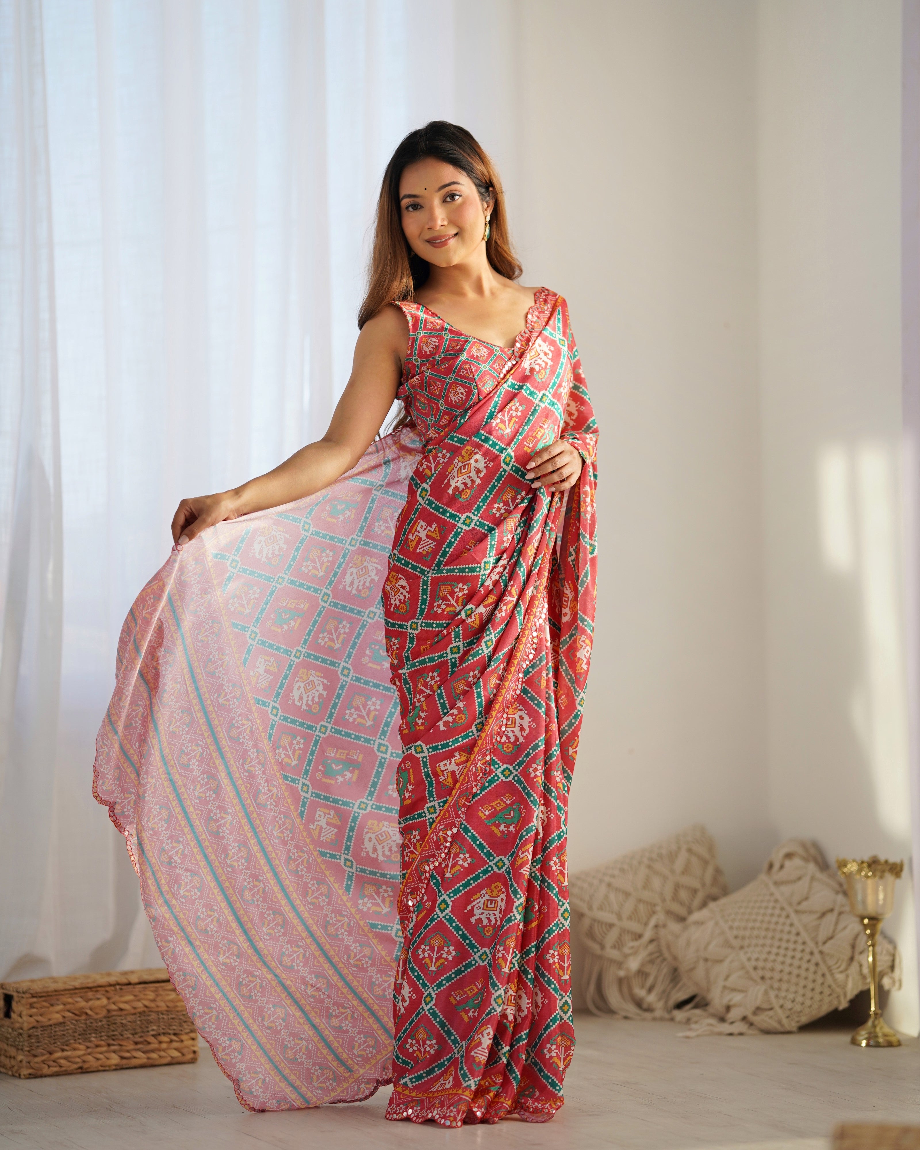 Ruby Radiance Chinon Party Wear Saree | Designer Digital Print with Mirror Cut Work