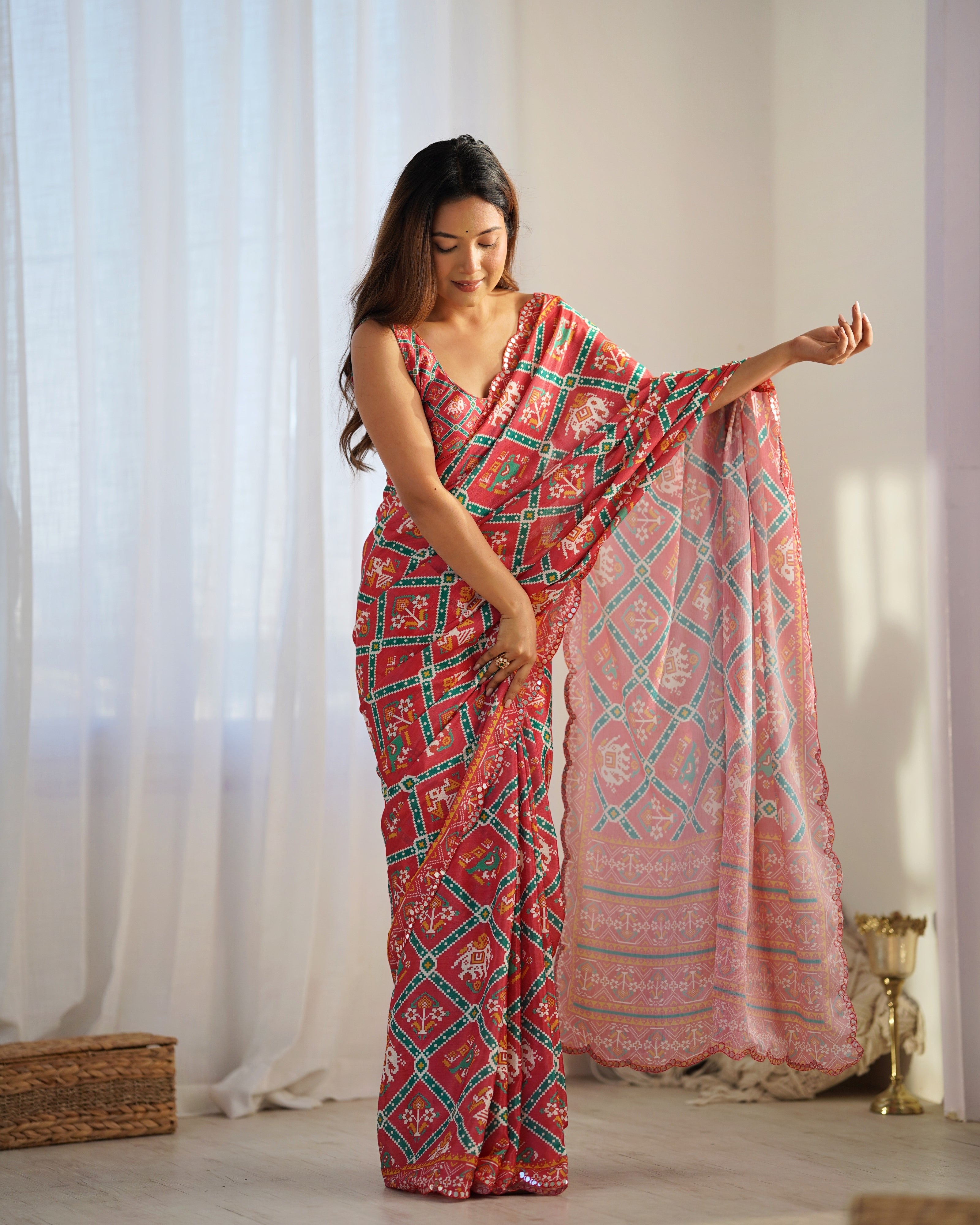 Ruby Radiance Chinon Party Wear Saree | Designer Digital Print with Mirror Cut Work