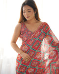Ruby Radiance Chinon Party Wear Saree | Designer Digital Print with Mirror Cut Work