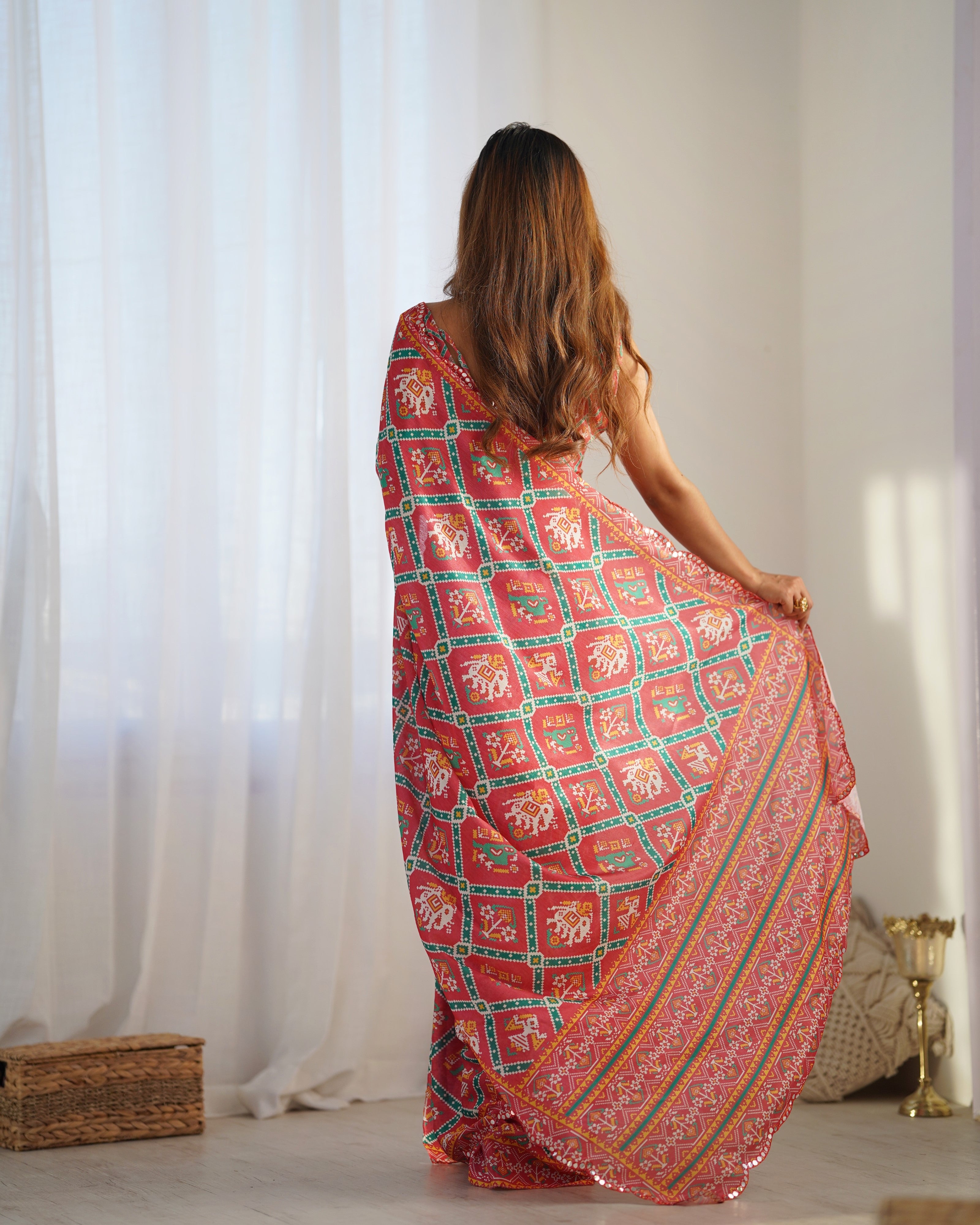 Ruby Radiance Chinon Party Wear Saree | Designer Digital Print with Mirror Cut Work