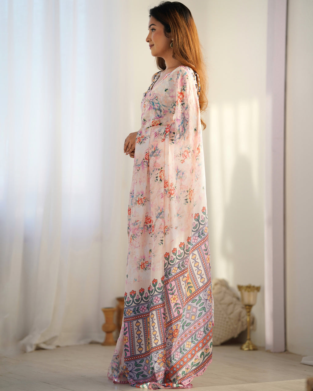 Ivory Elegance Chinon Party Wear Saree | Designer Digital Print with Mirror Cut Work