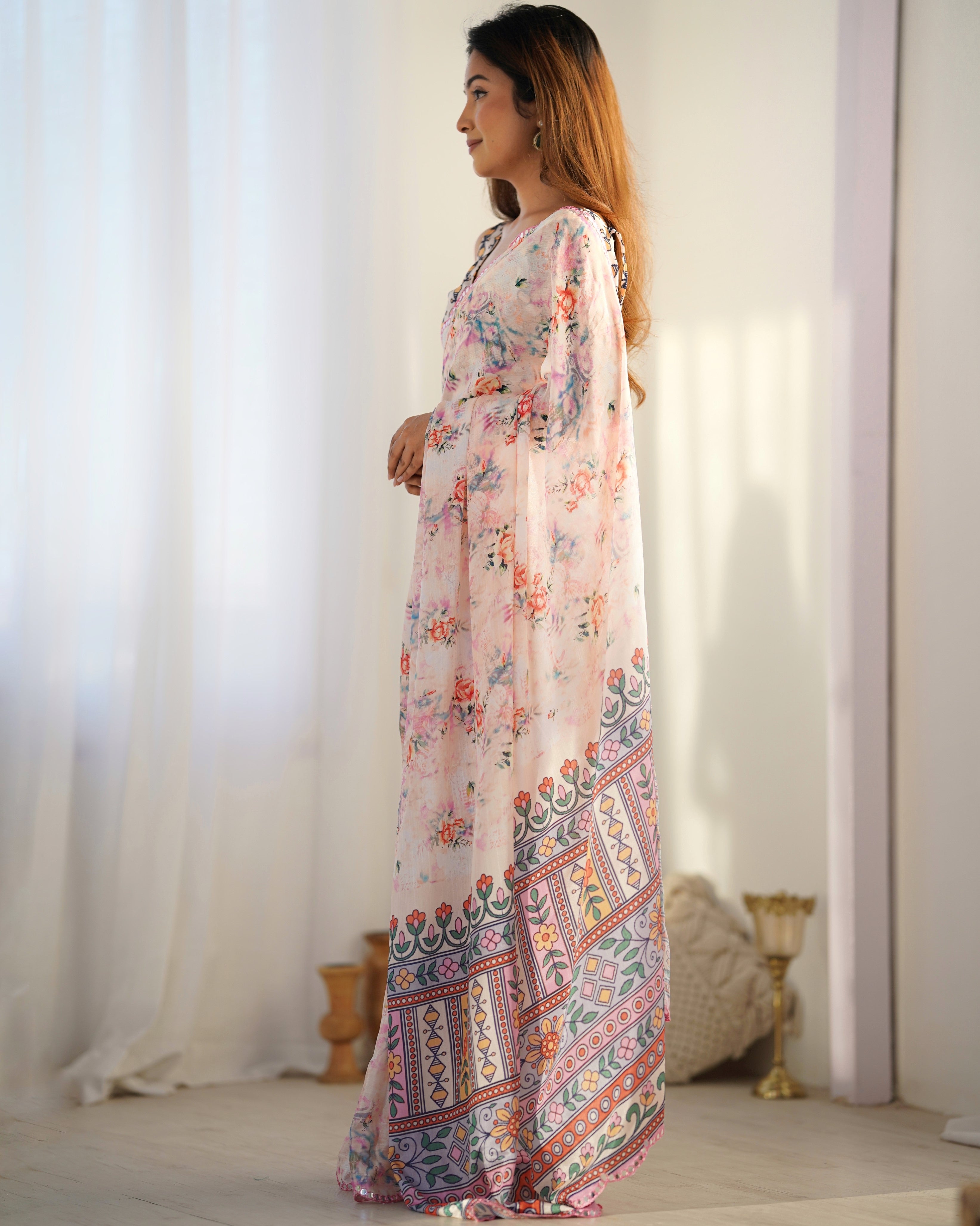 Ivory Elegance Chinon Party Wear Saree | Designer Digital Print with Mirror Cut Work