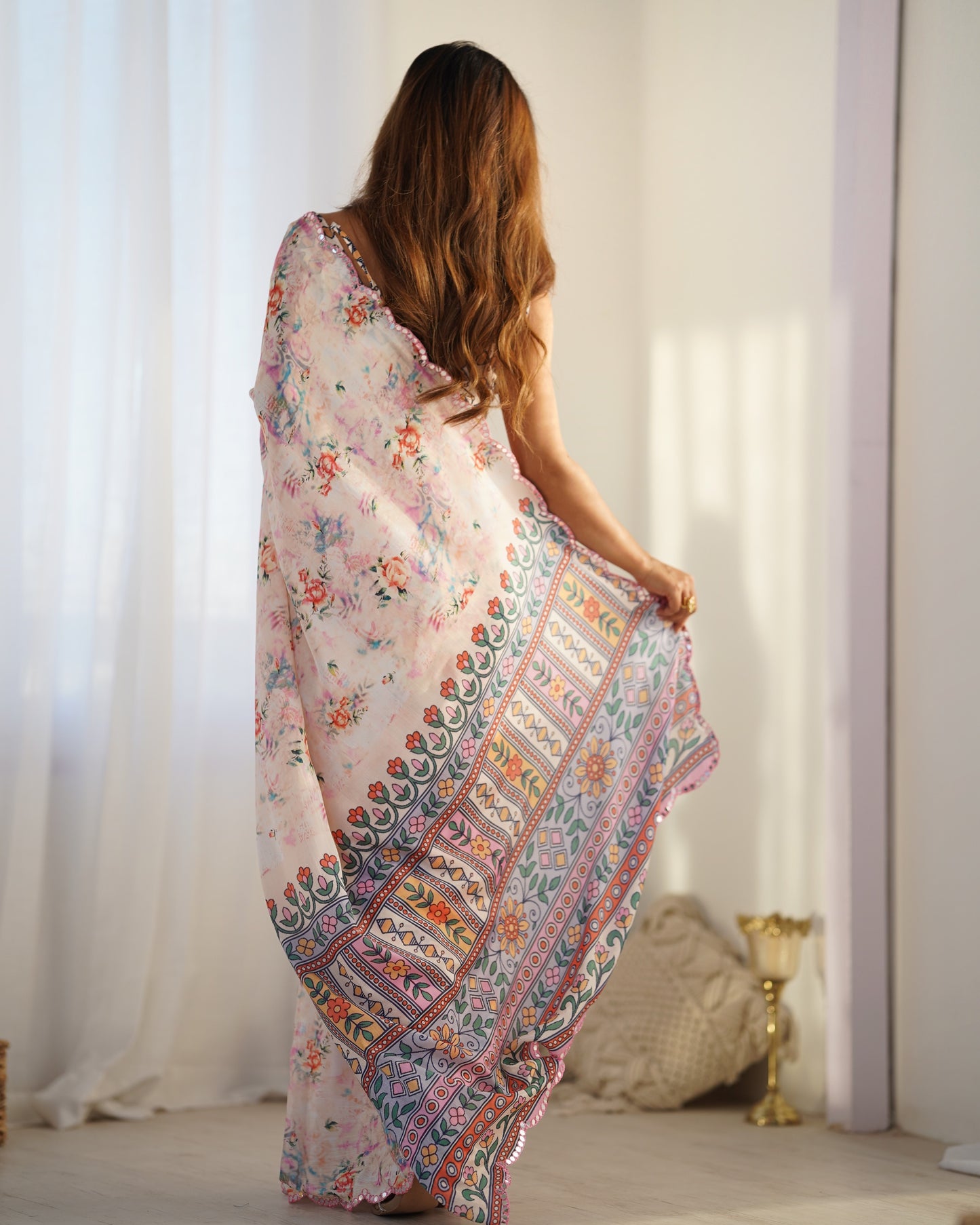 Ivory Elegance Chinon Party Wear Saree | Designer Digital Print with Mirror Cut Work